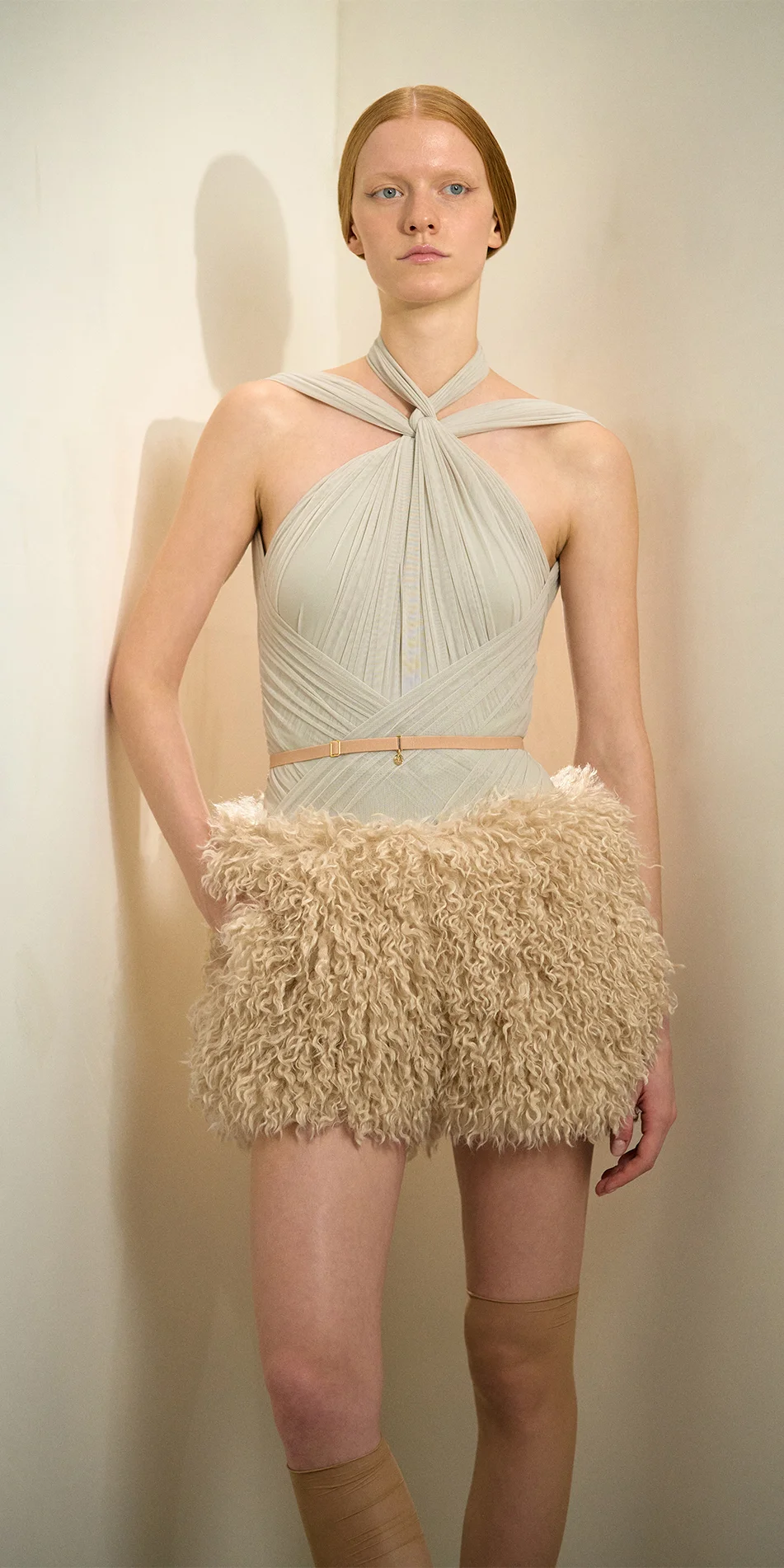 Faux fur shorts light beige front posing close up