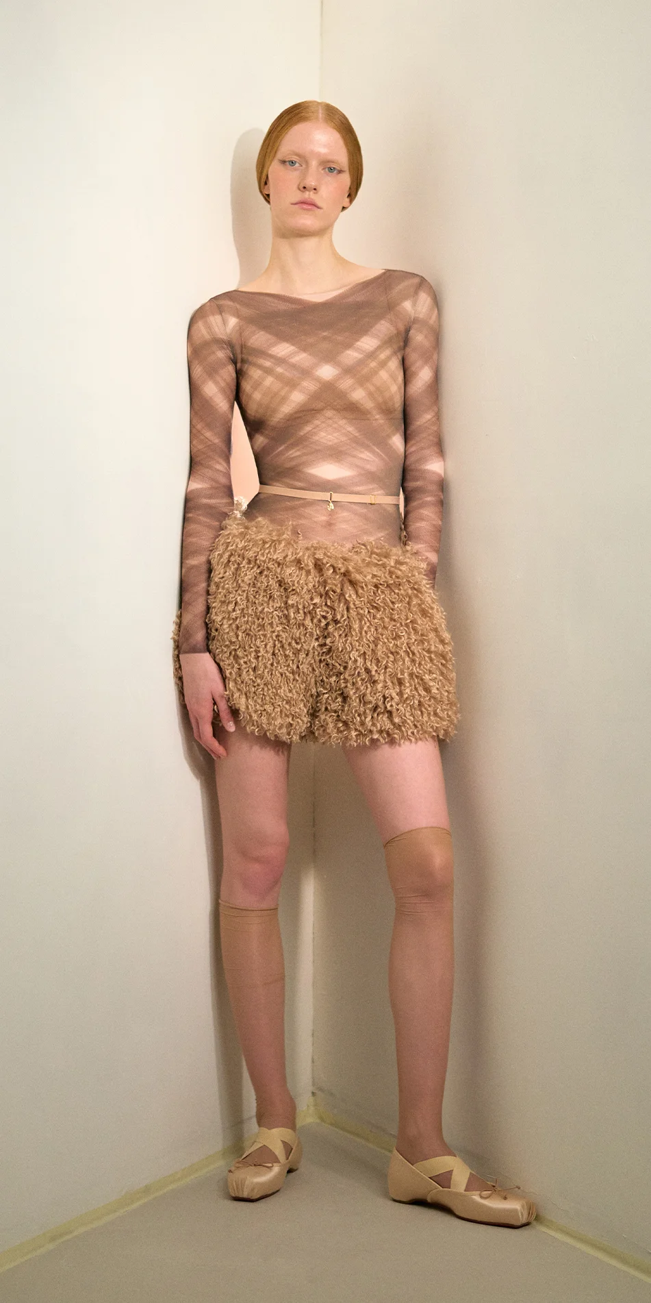 Faux fur shorts nude front view on
