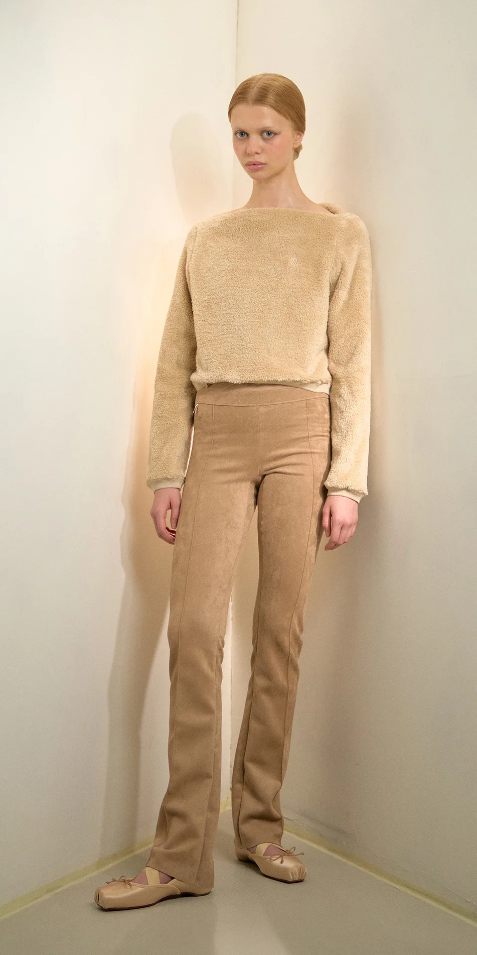 Fleece sweater pullover in light beige front view on