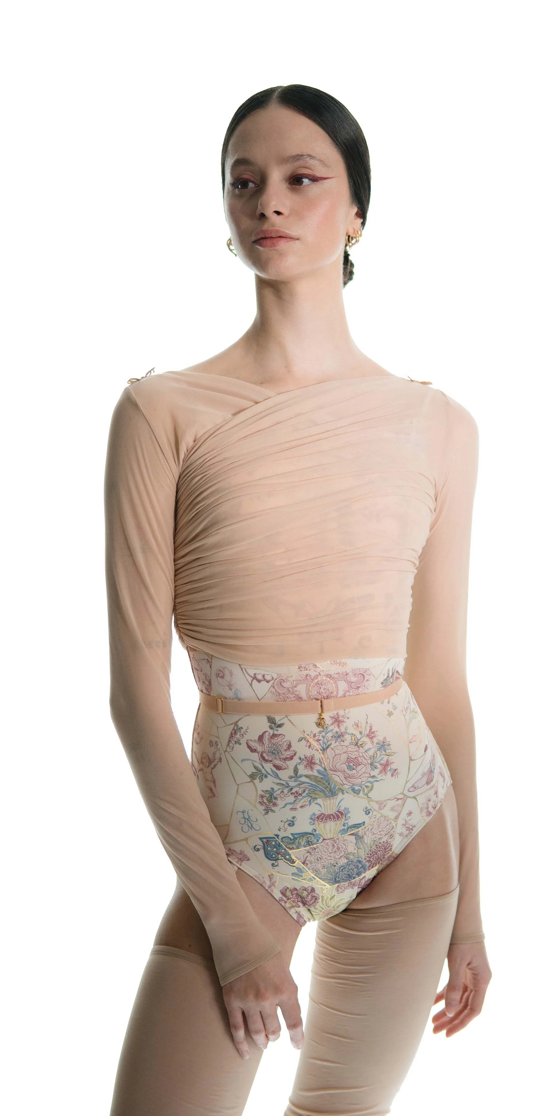 Sheer wrap croptop in light beige front close up