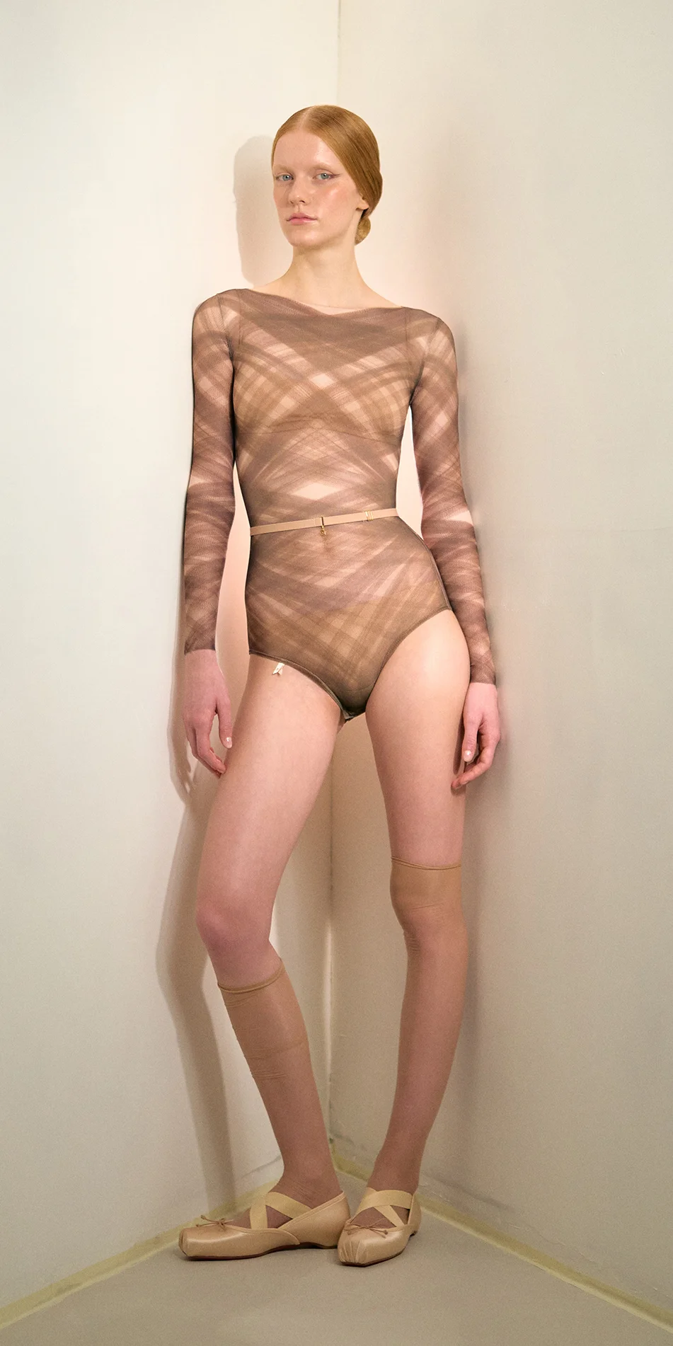 Soft mesh bodysuit in mocha brown front view on