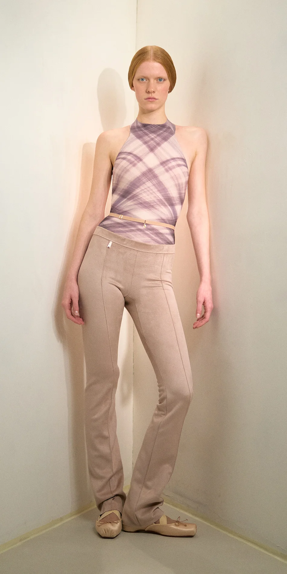 Suede pull on pants in soft pink front leaning on