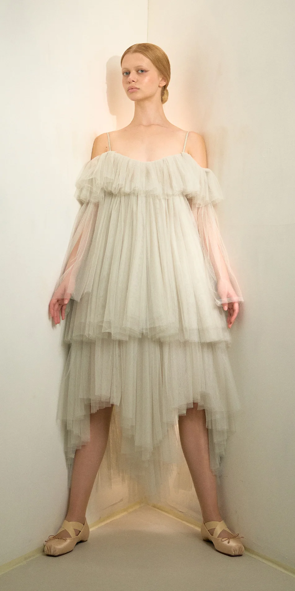 Tulle babydoll dress angel sleeves in sage green front wide legs on