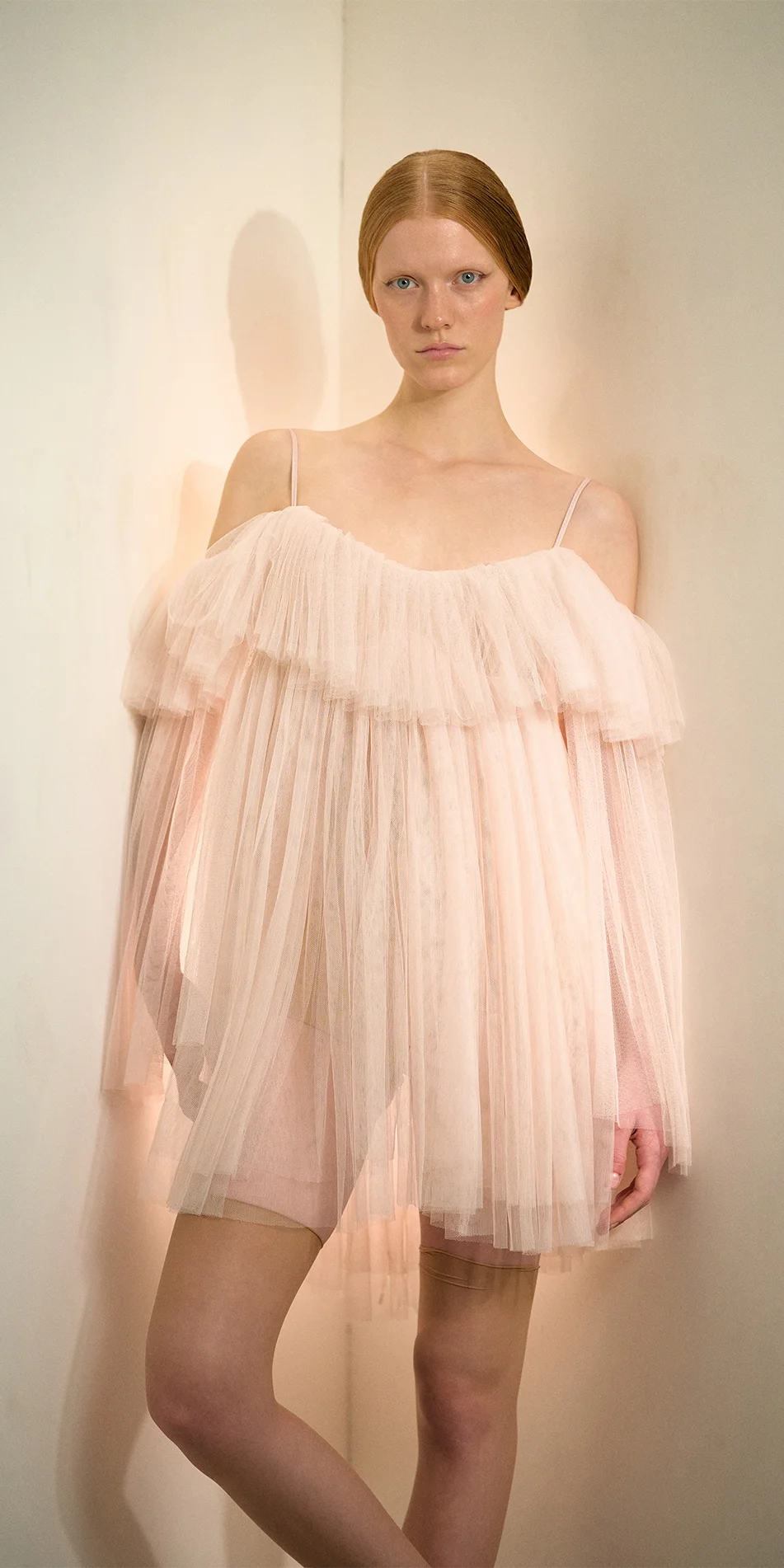 Tulle babydoll dress angel sleeves in soft pink front cropped on