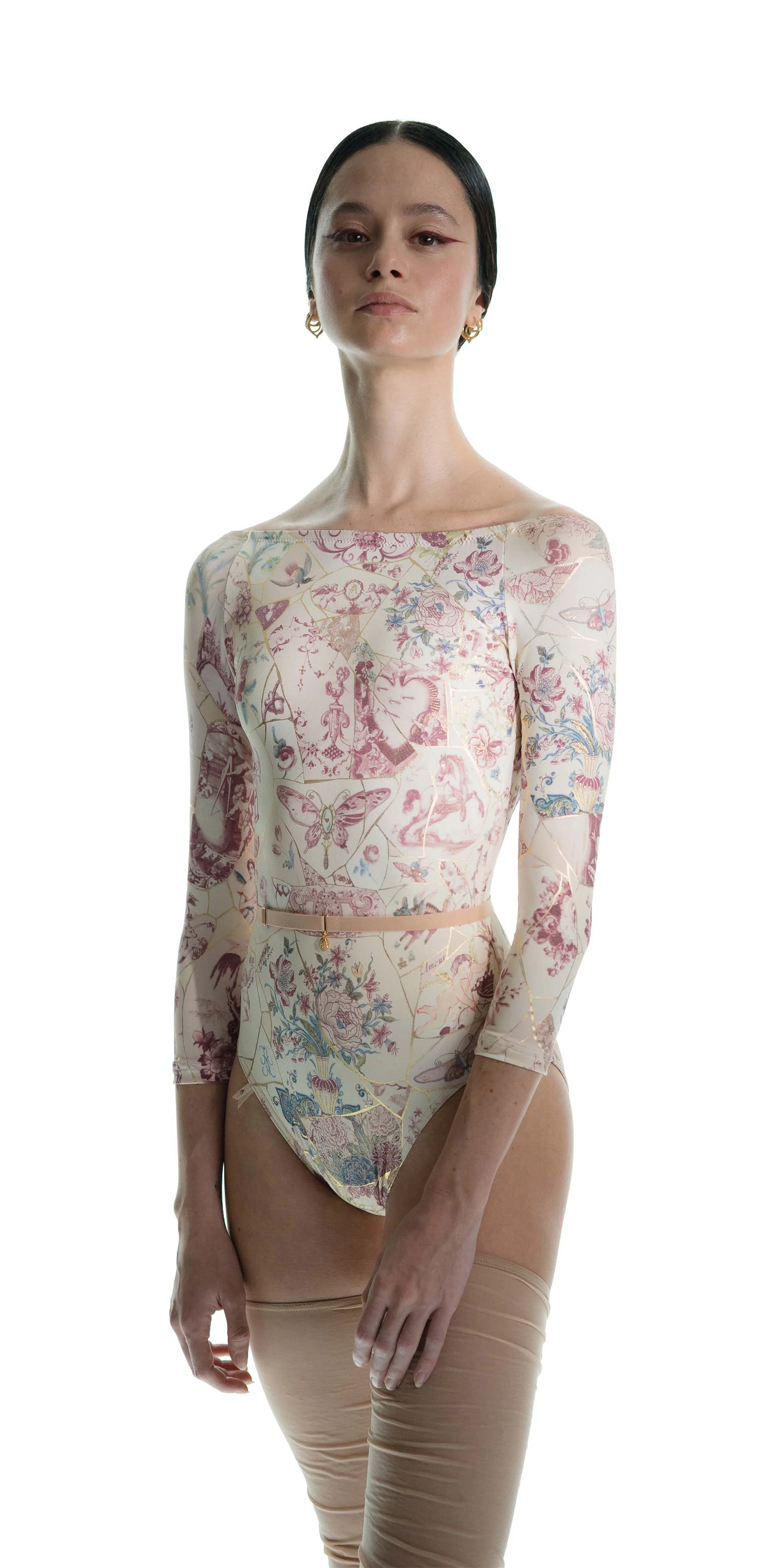 Boatneck leotard in gold floral print burgundy front posing
