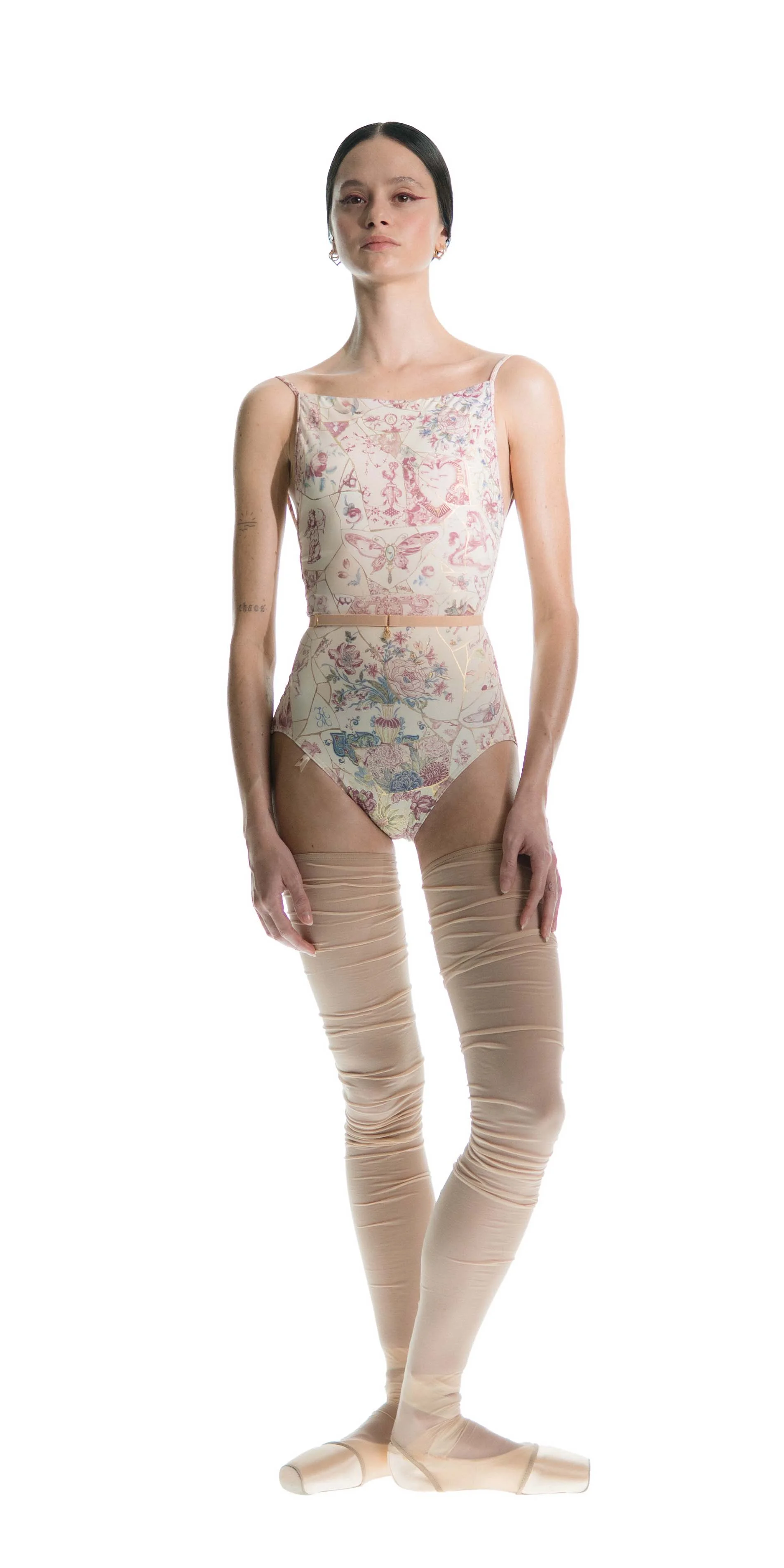 Camisole leotard in gold floral print burgundy front legs crossed