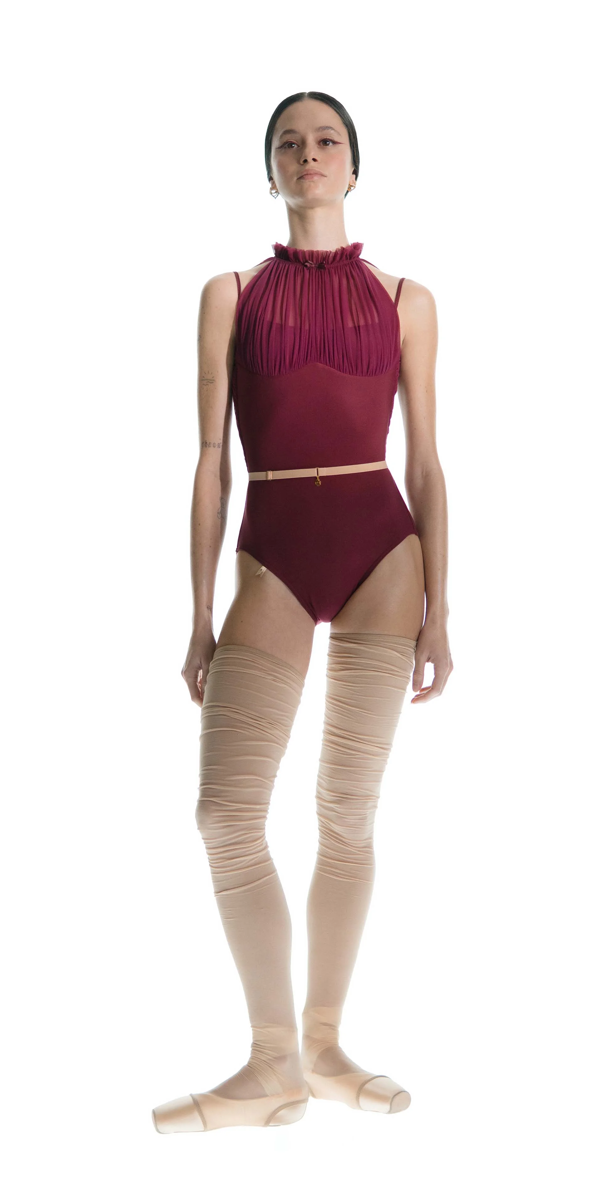 Draped mockneck leotard in burgundy front posing