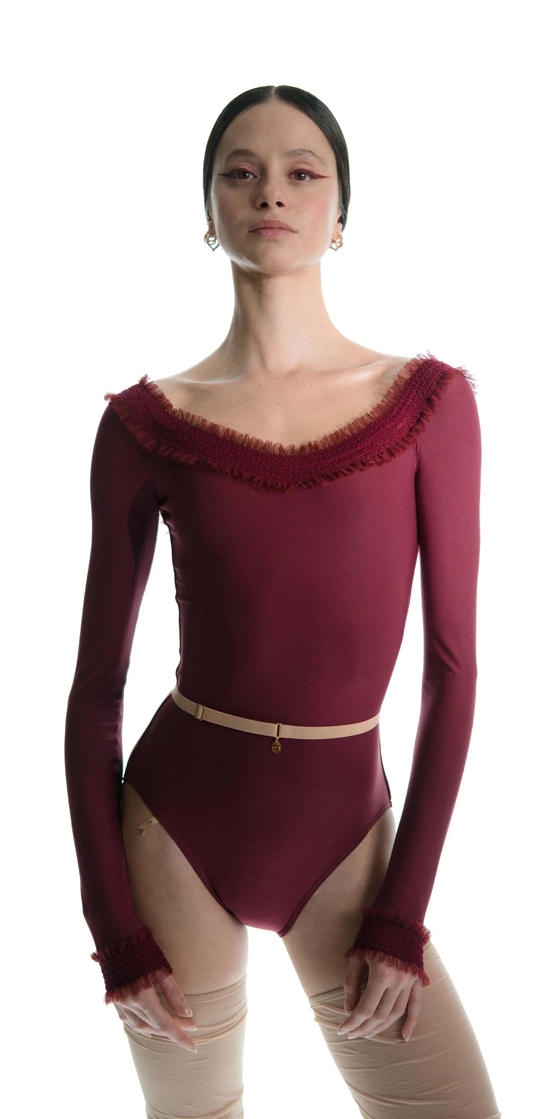 Squareneck leotard with ruffle detail in burgundy front cropped