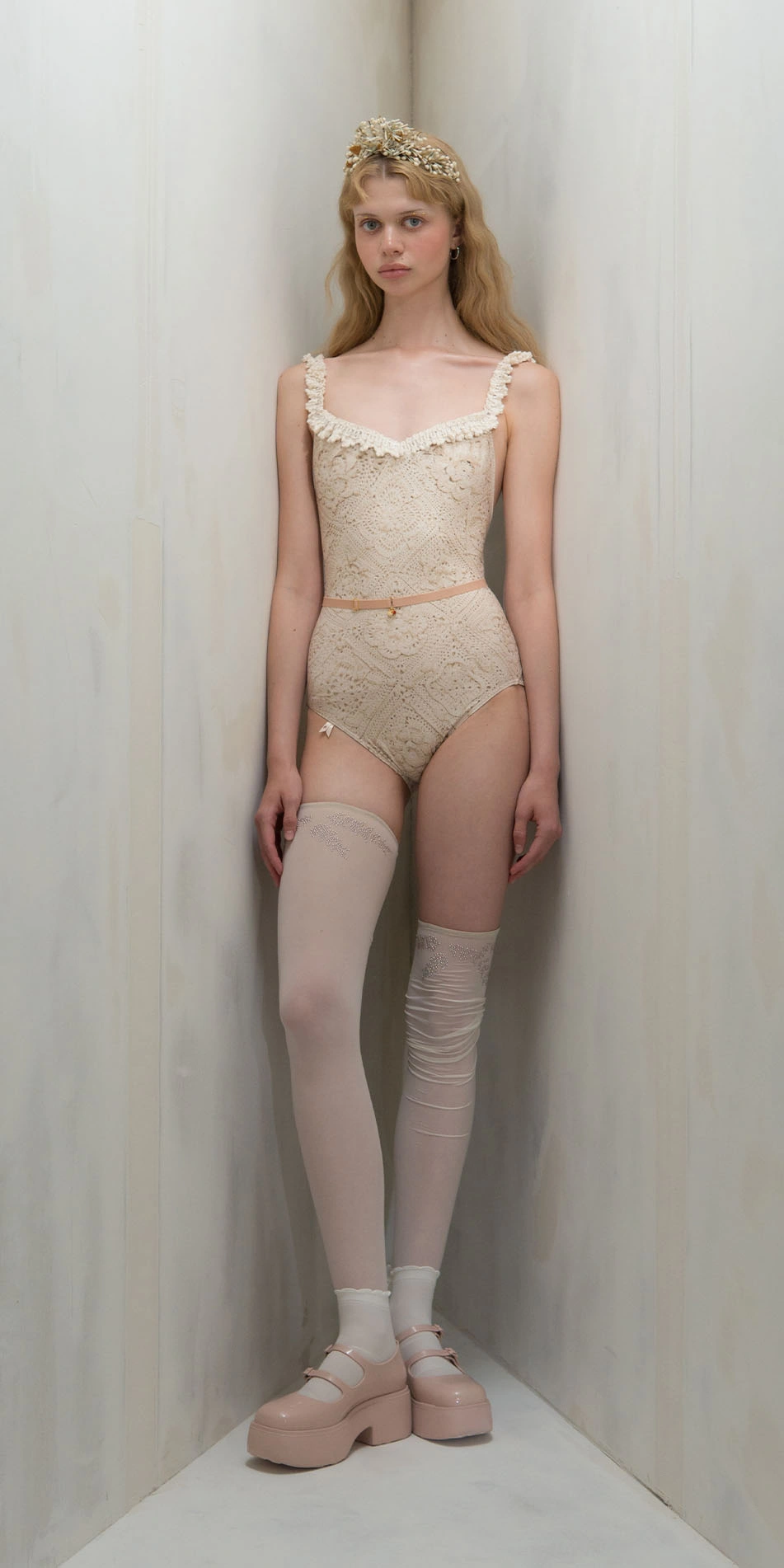 Camisole leotard with crochet trim in cream full body on