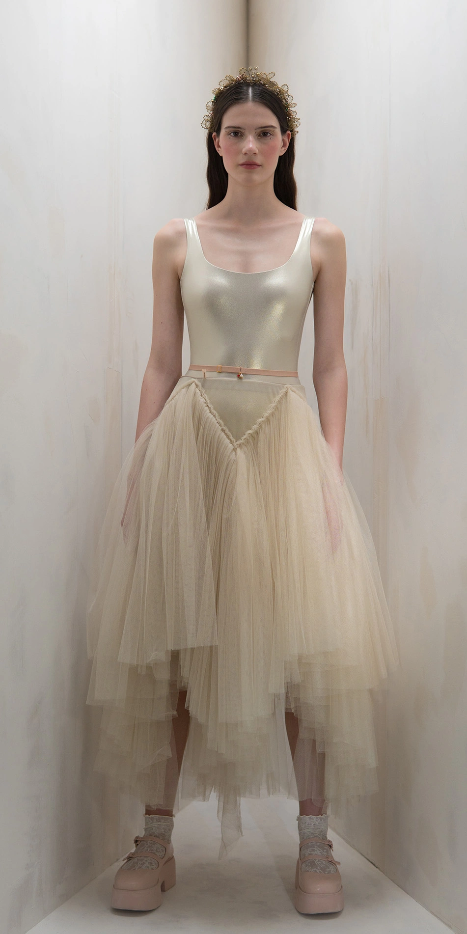 Draped tulle midi skirt in beige full body on