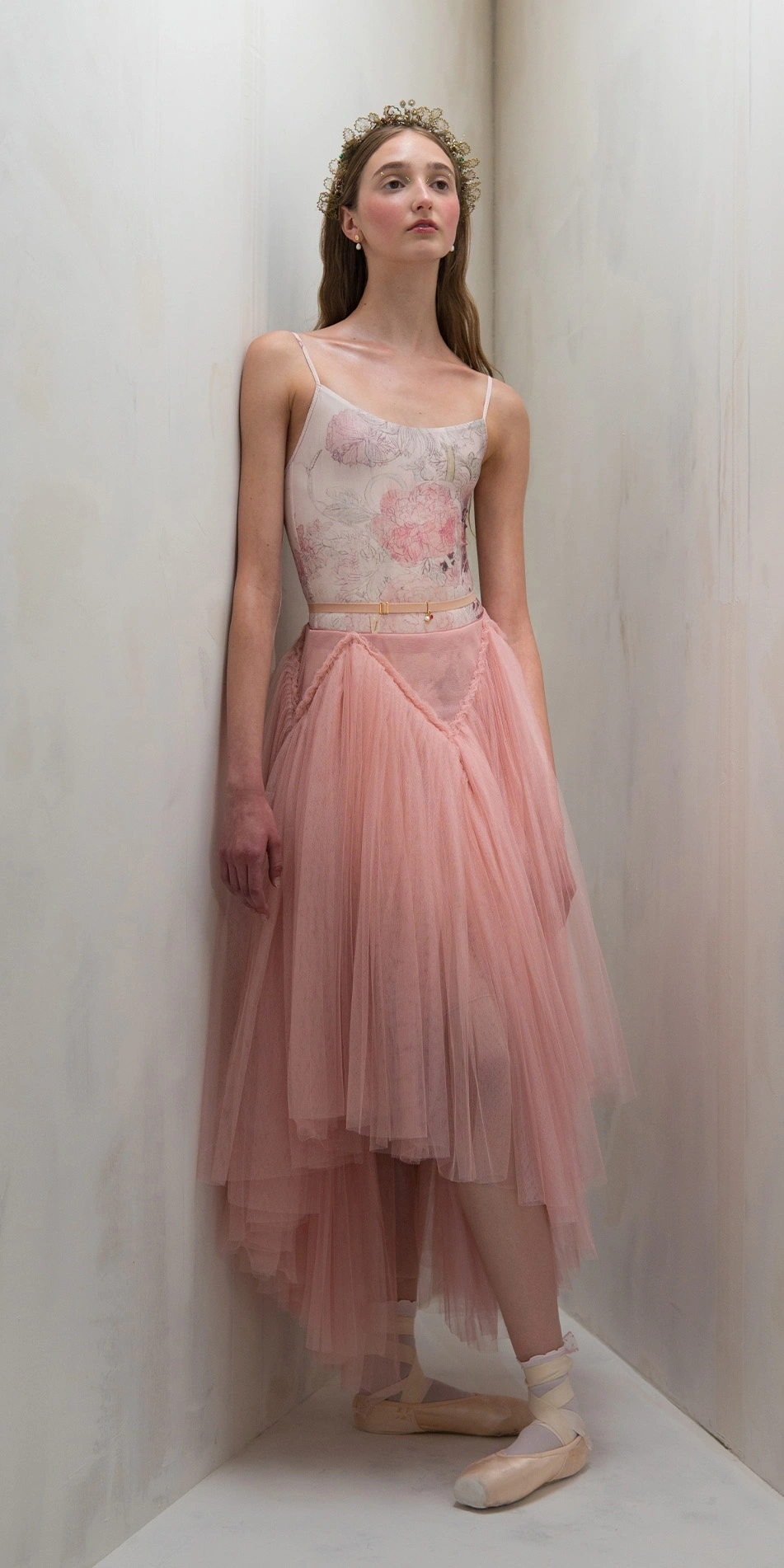 Draped tulle midi skirt in dusty pink front view