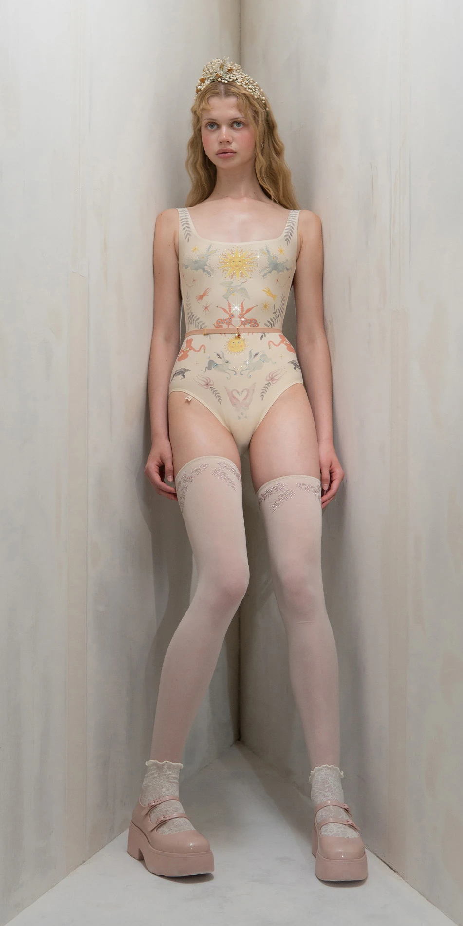 Printed boatneck leotard with rhinestones in cream full body on