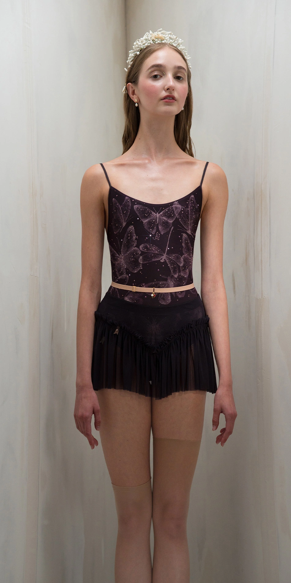 Sheer ruched ruffle mini skirt in dark purple front on
