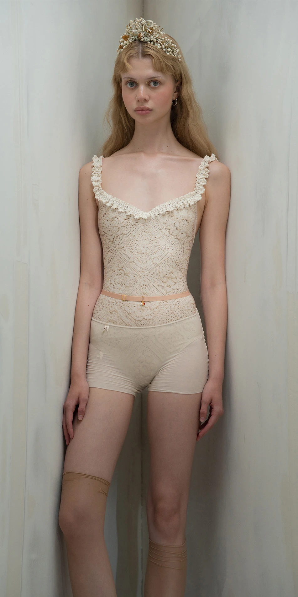 Sheer shorts with rhinestuds in cream front cropped 2 new