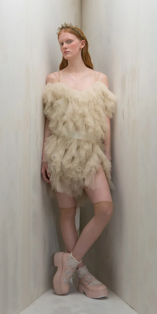 Tulle mini dress, spiral ruffles in beige | Just A Corpse