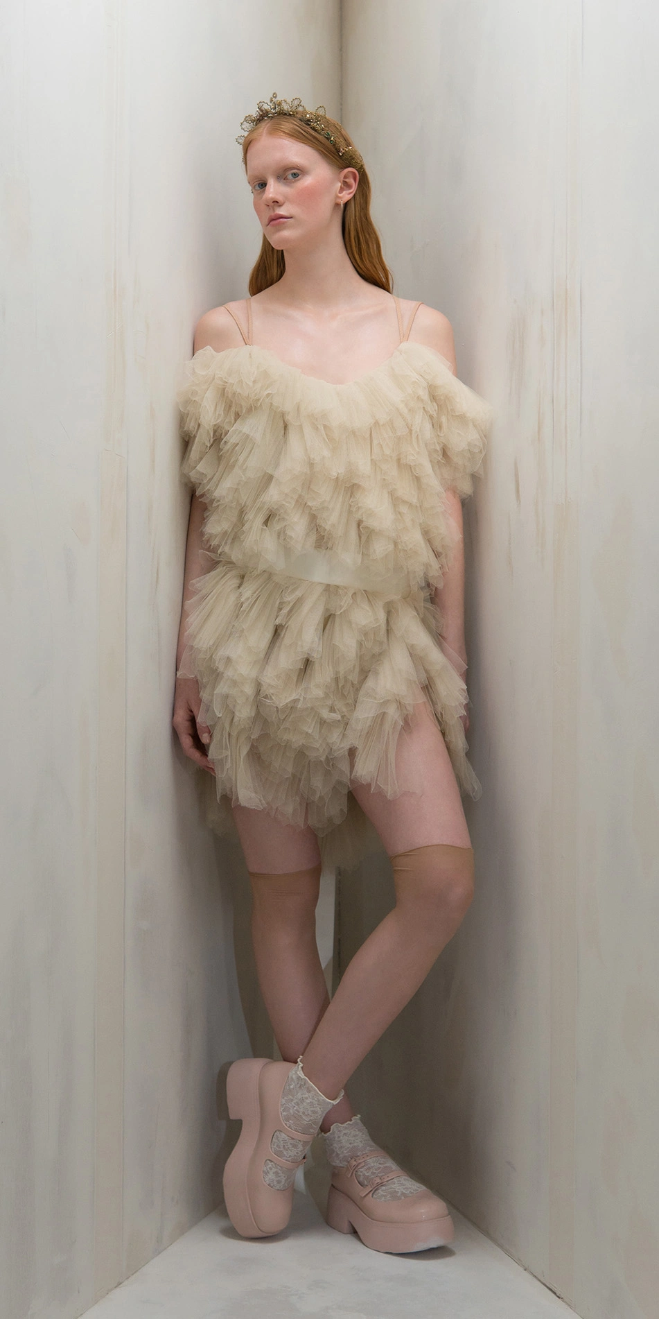 Tulle mini dress spiral ruffles in beige full body on