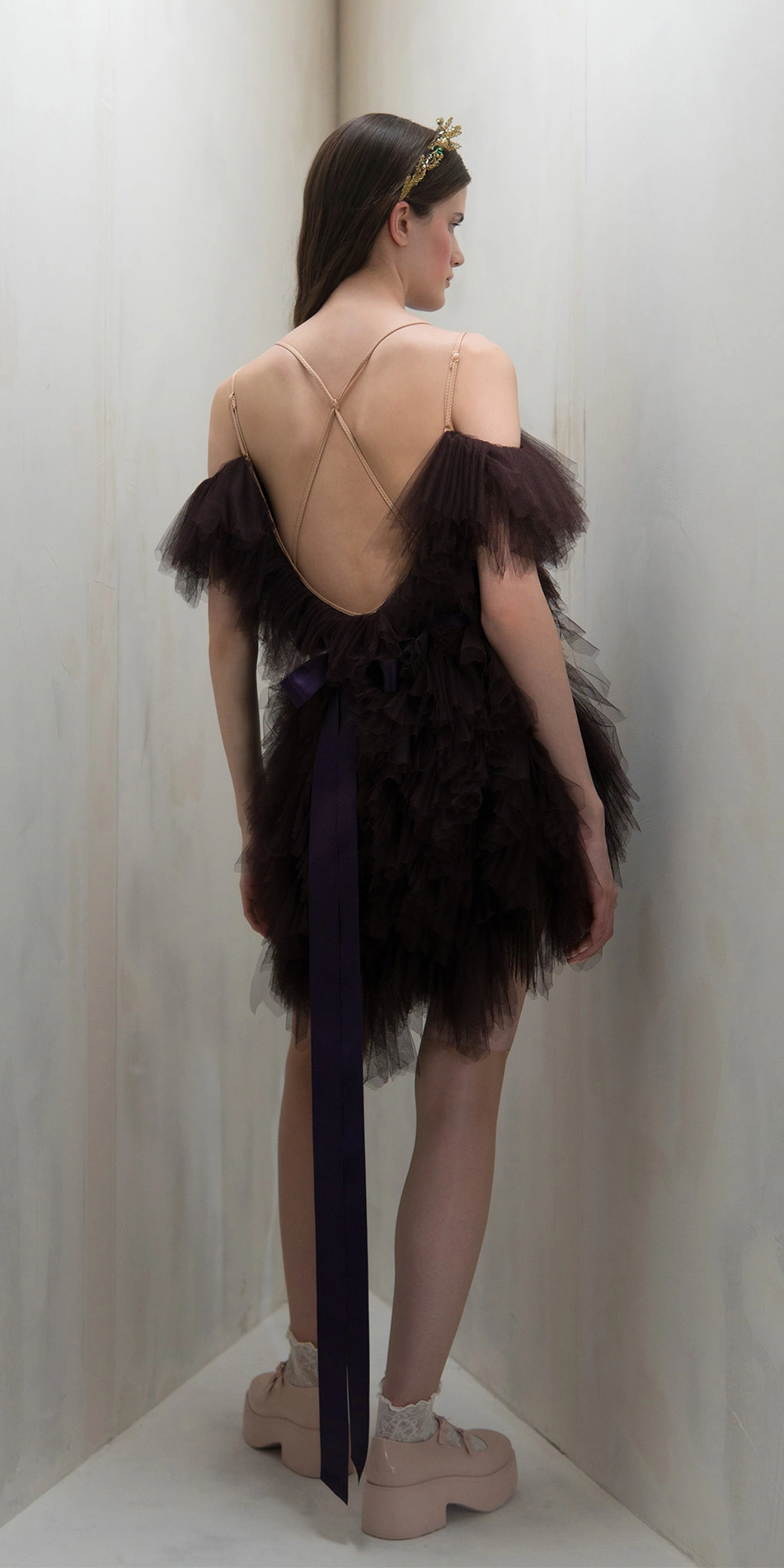 Tulle mini dress spiral ruffles in dark purple full body back