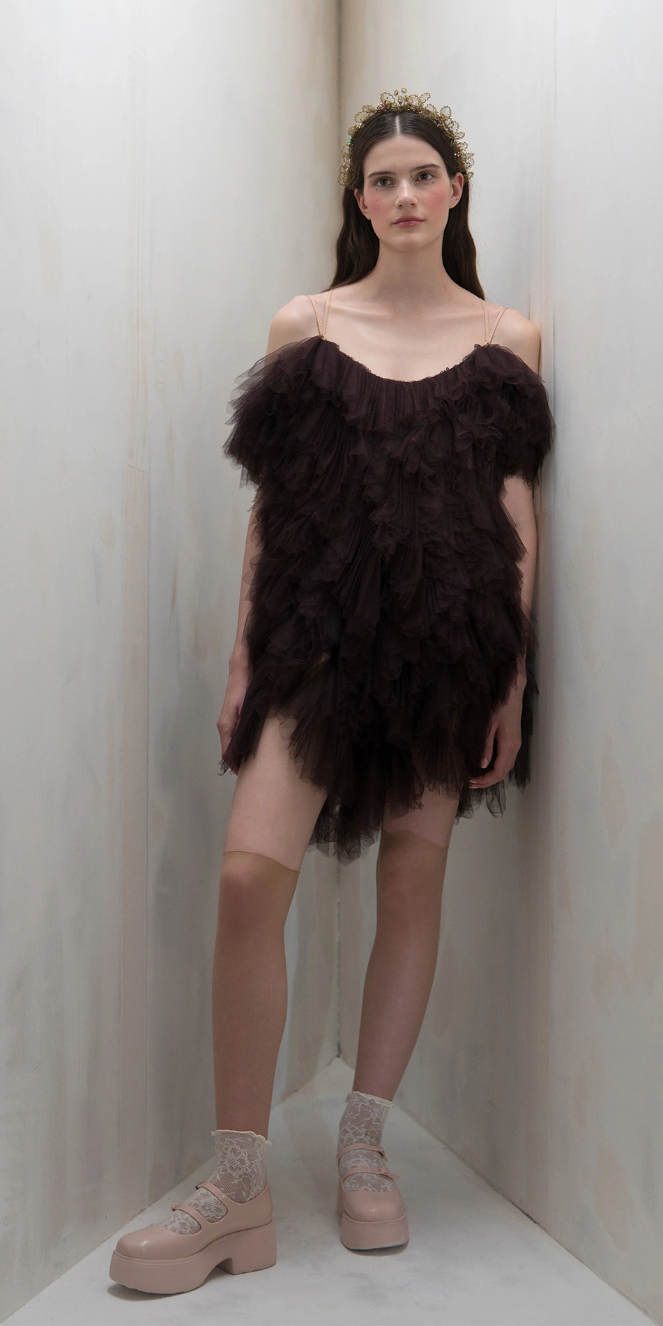 Tulle mini dress spiral ruffles in dark purple full body on