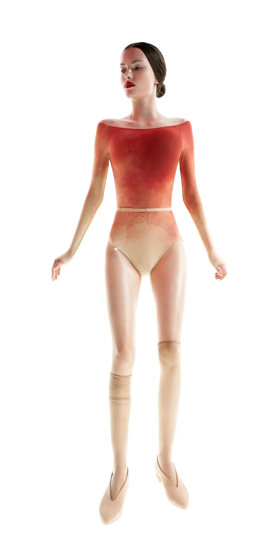 MARGOT – red boatneck leotard with long sleeves on
