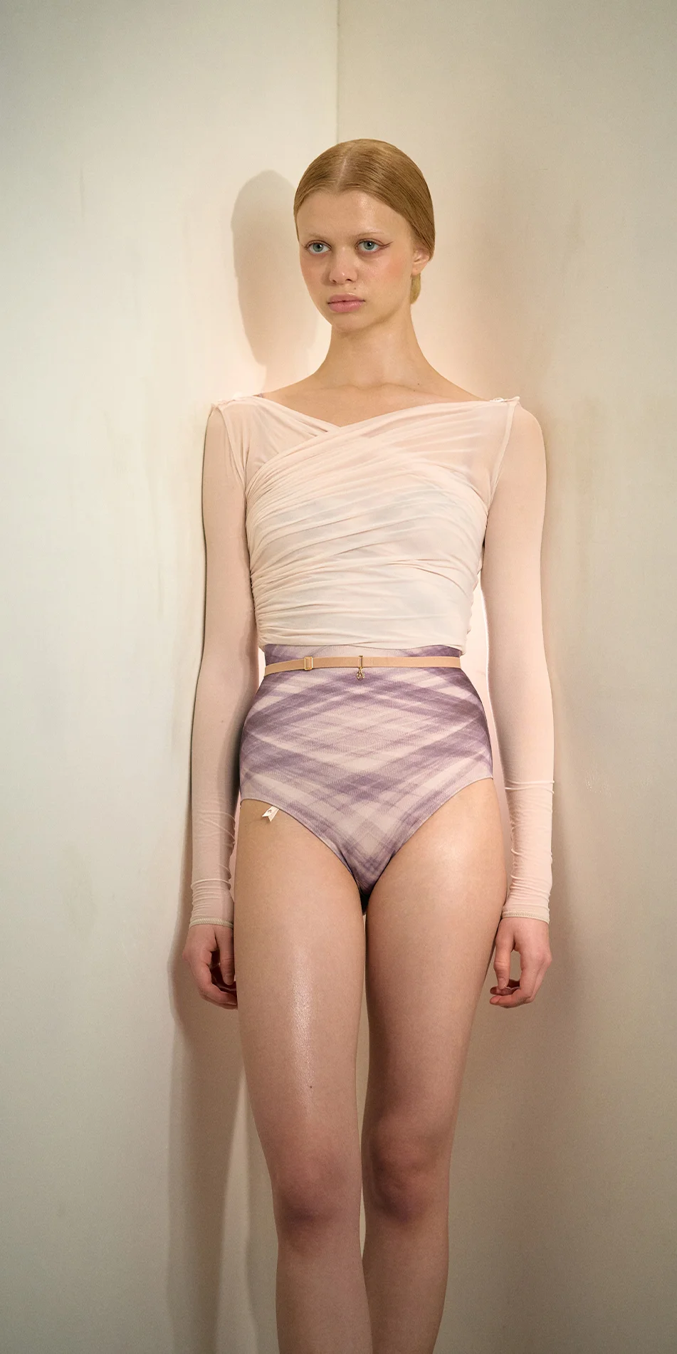 Sheer wrap croptop with long sleeves in soft pink front view on 2