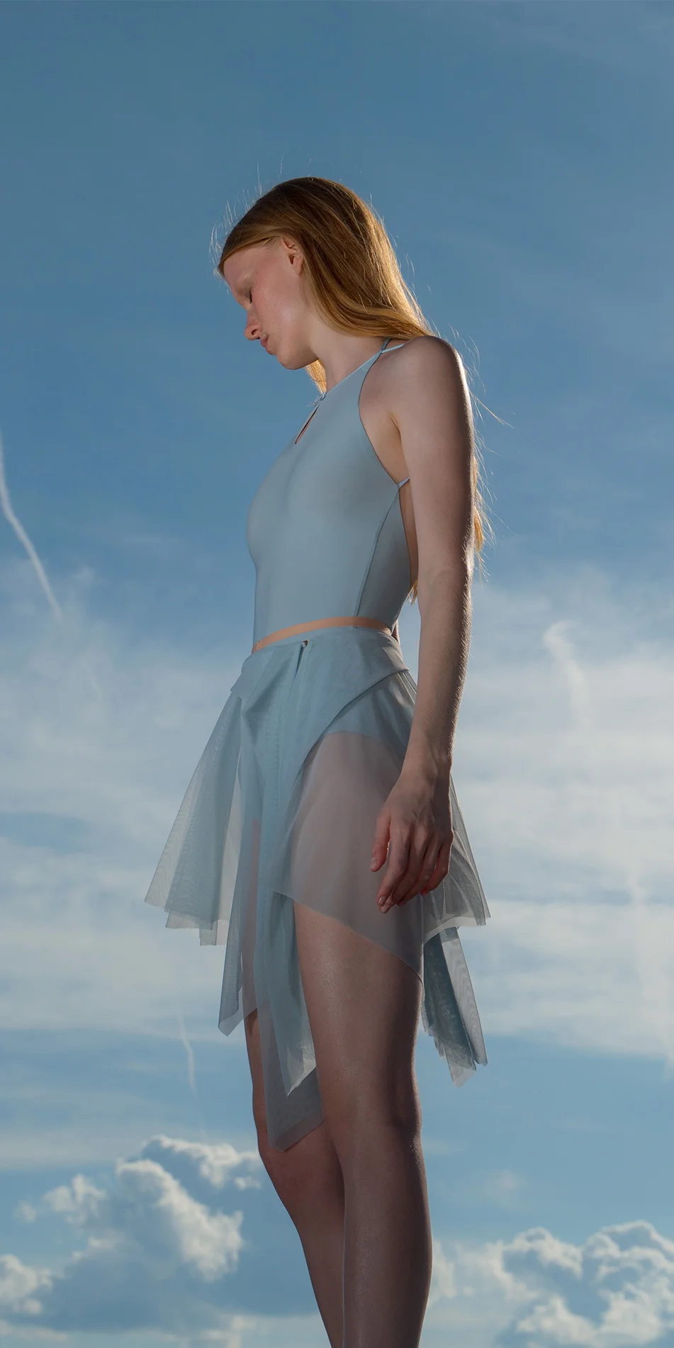 Draped wrap skirt sky blue left side view