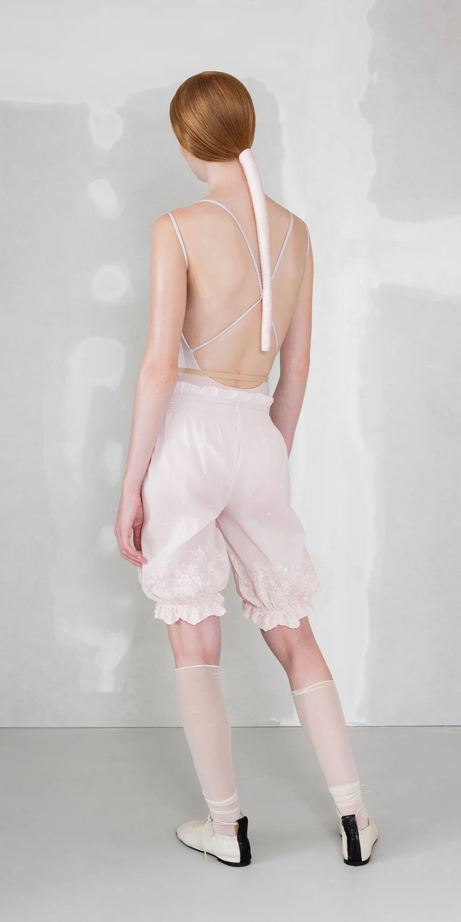 Cotton silk embroidered bloomers in pearl pink back view