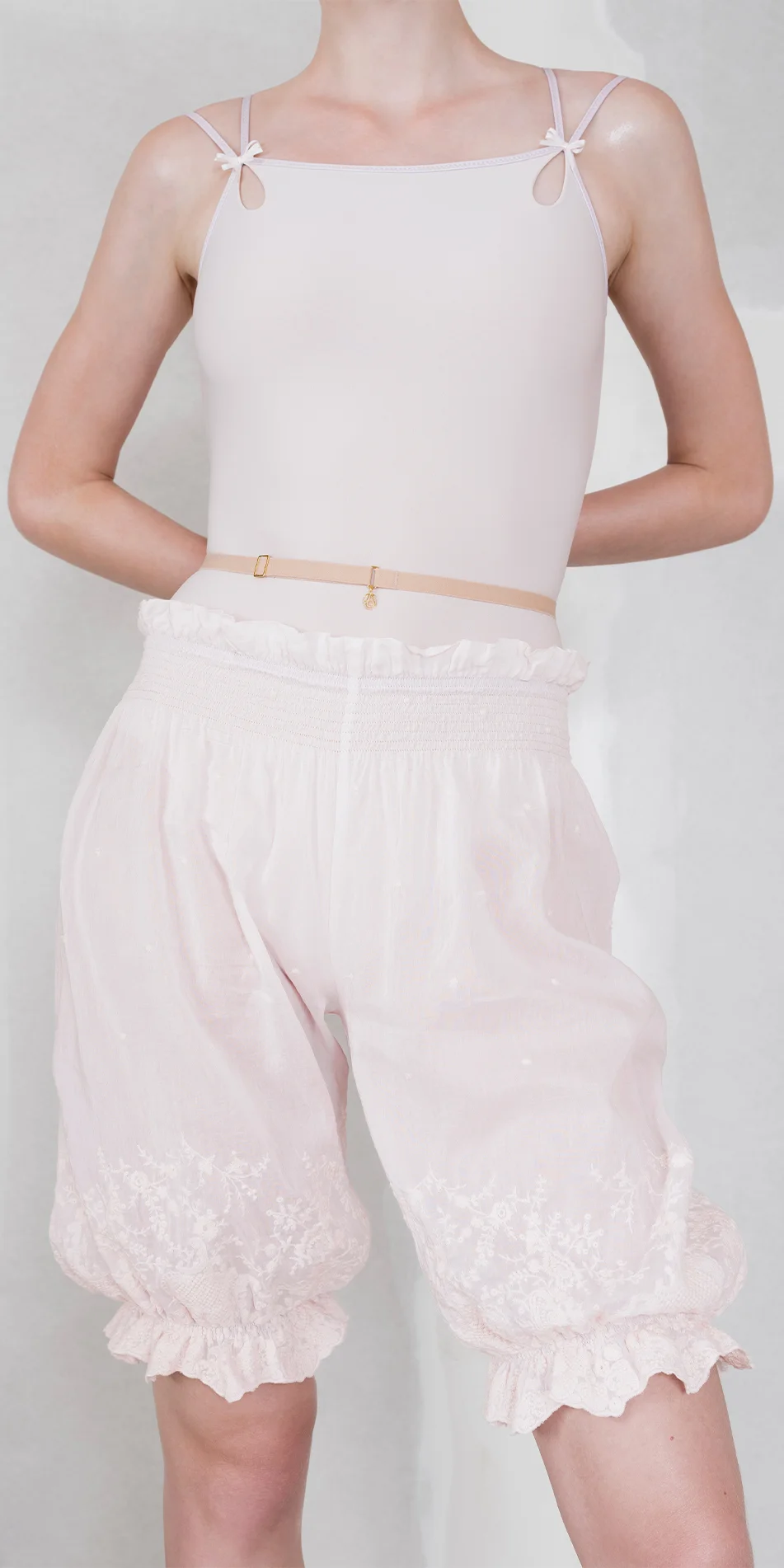 Cotton silk embroidered bloomers in pearl pink cropped front view