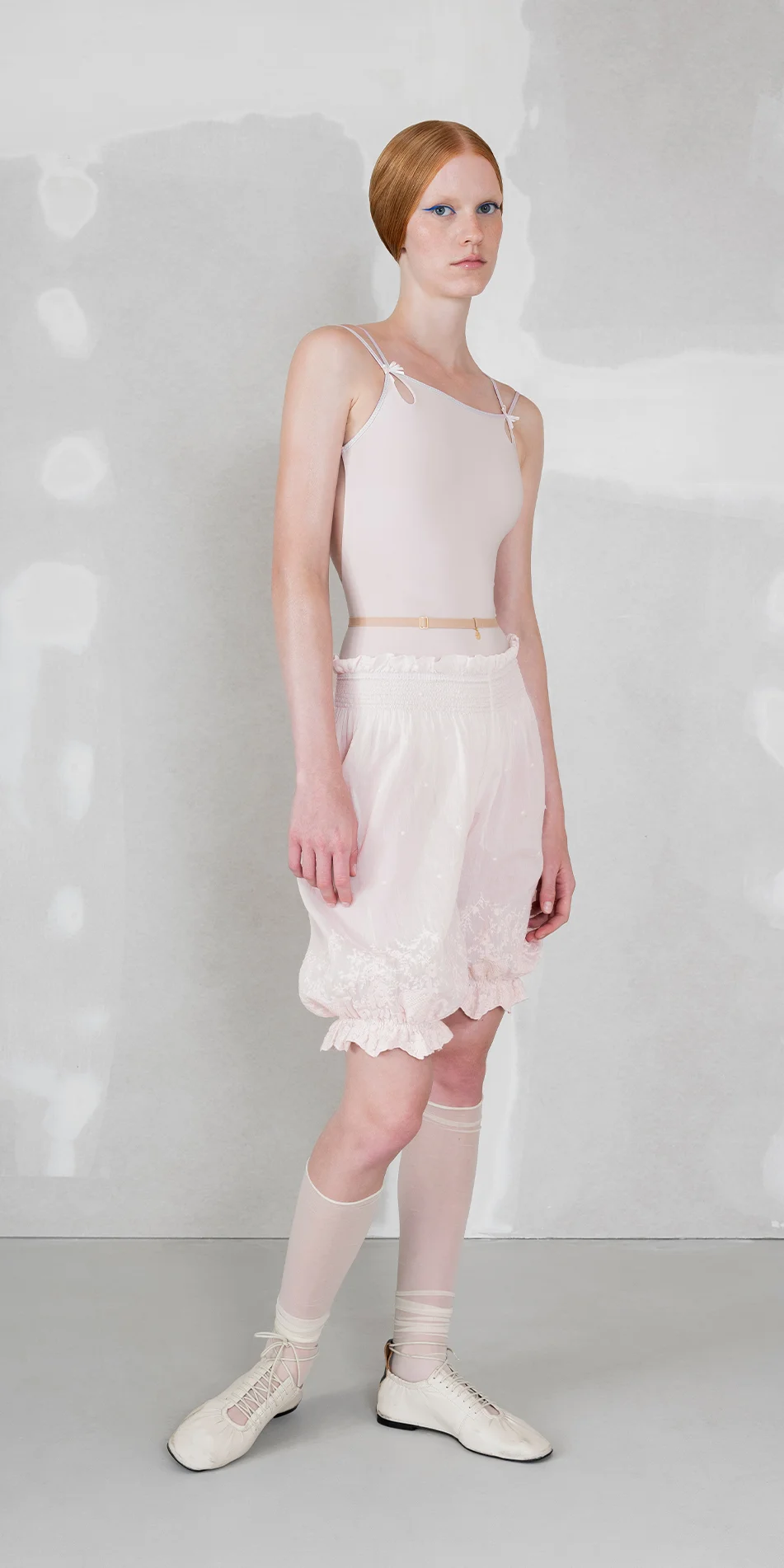 Cotton silk embroidered bloomers in pearl pink front view
