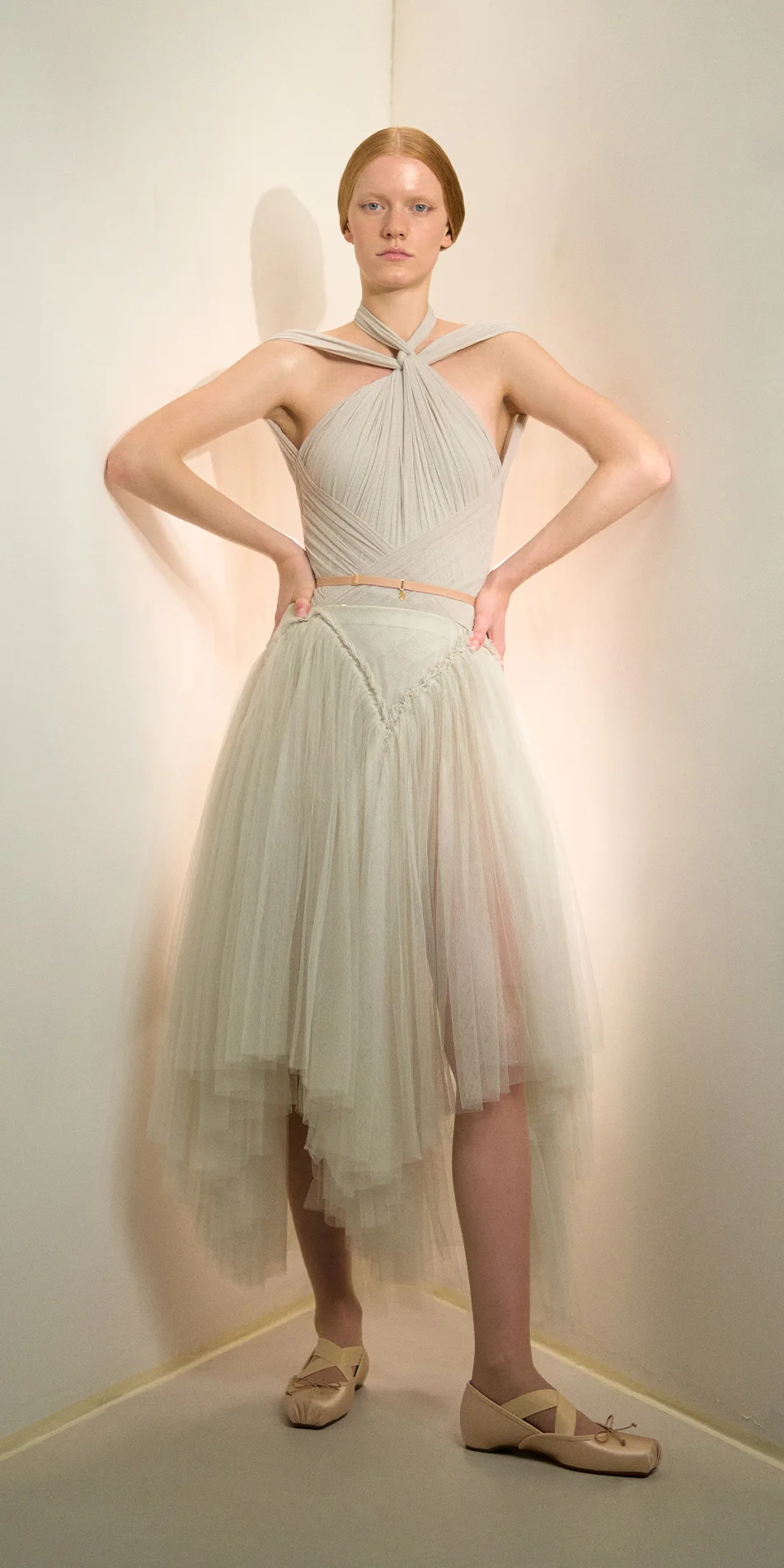 Draped tulle midi skirt in sage green front view on