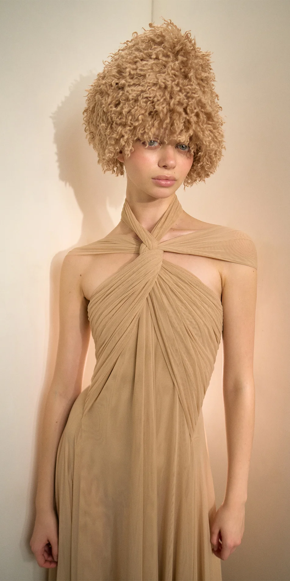 Faux fur hat neck warmer nude hat with draped long dress