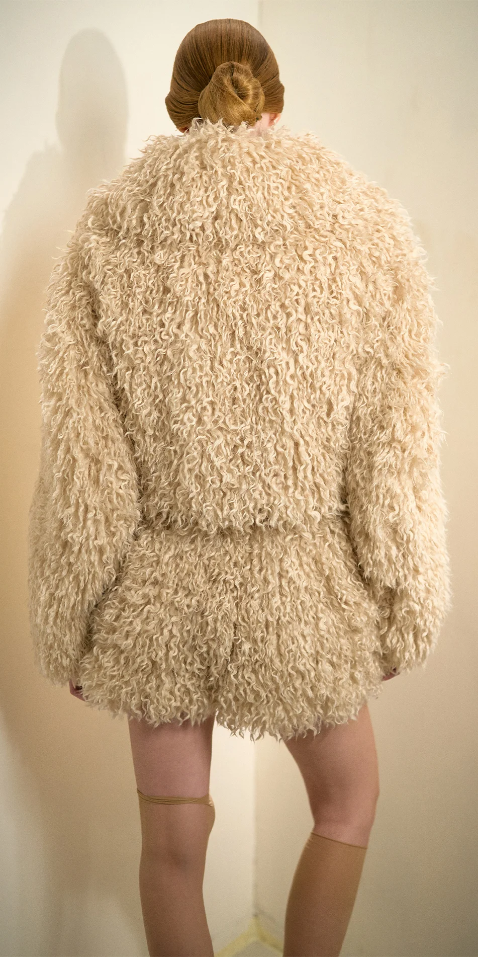 Faux fur jacket light beige back view close up