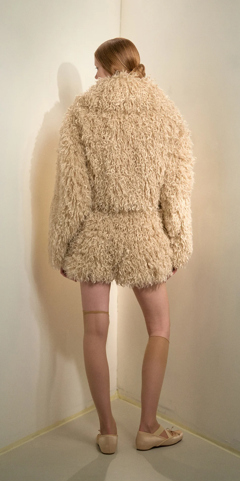 Faux fur jacket light beige back view