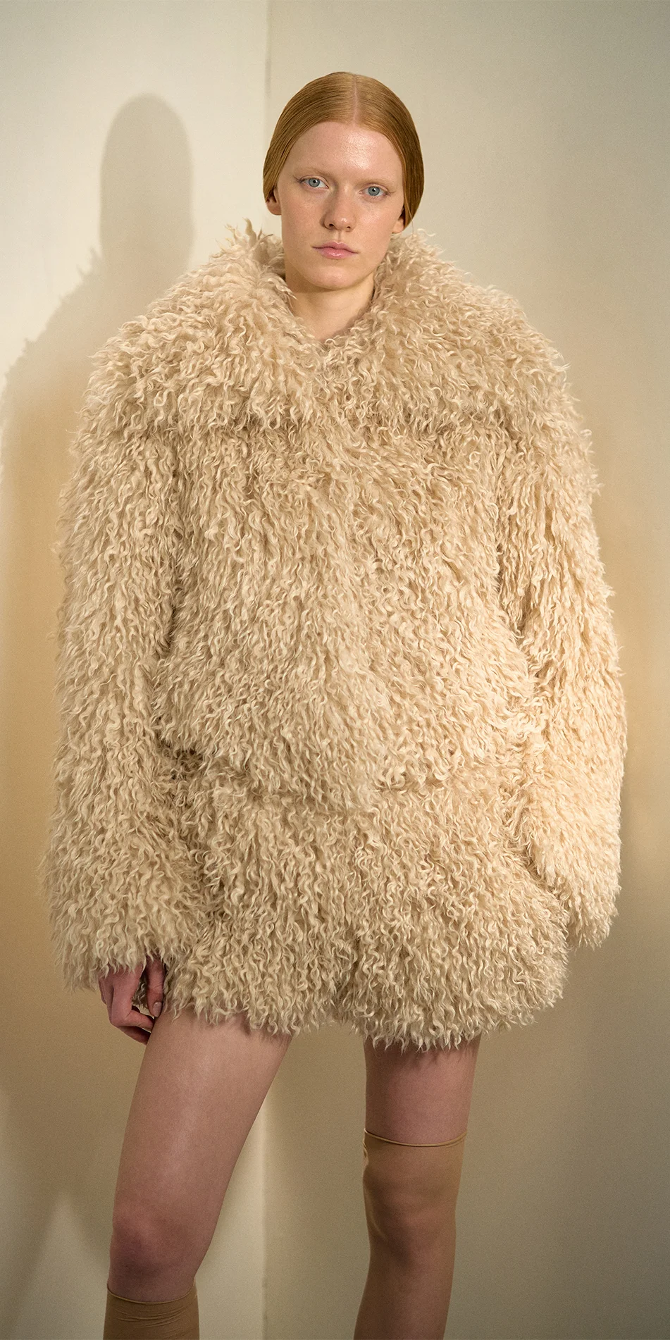 Faux fur jacket light beige front cropped