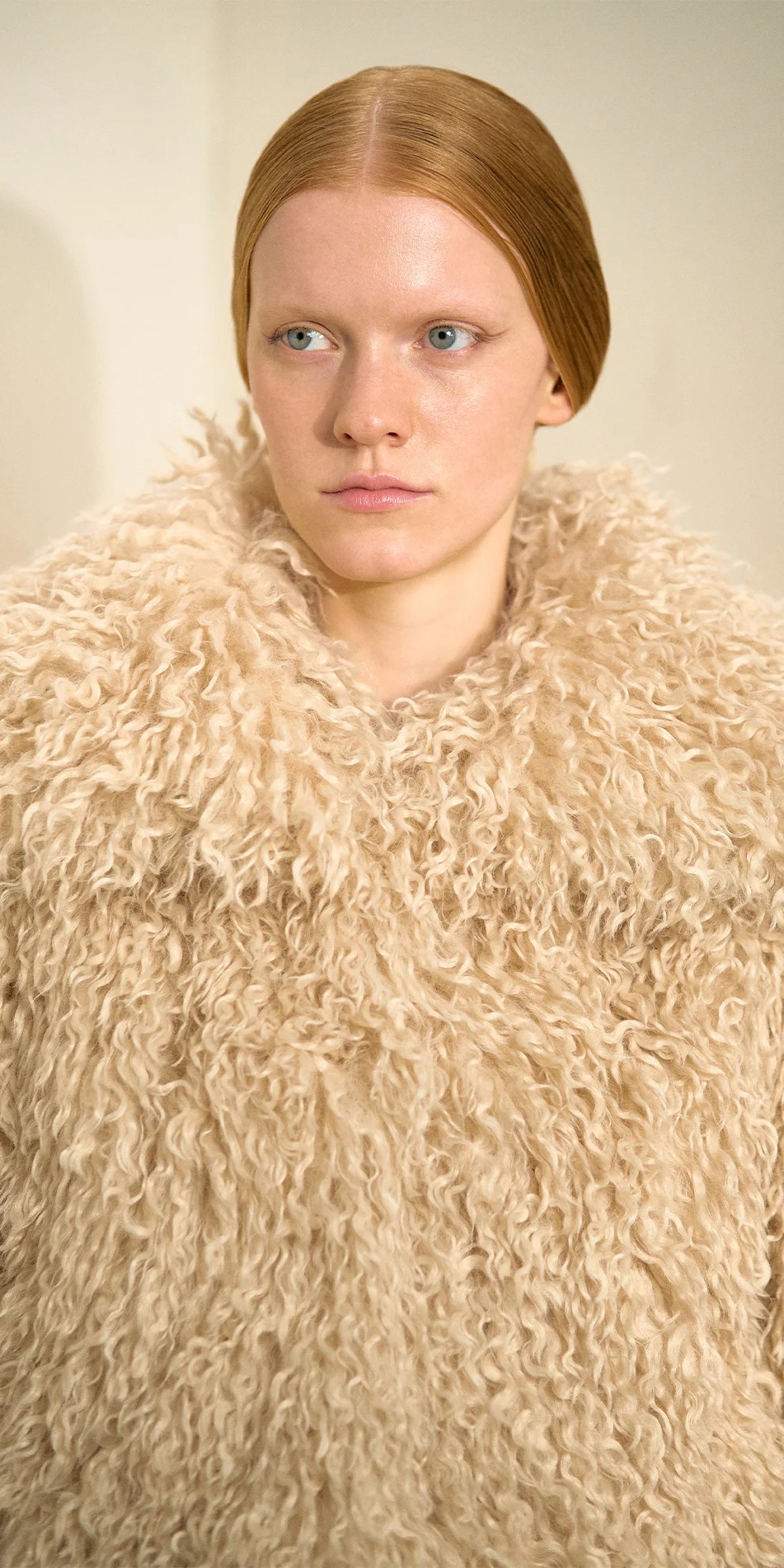 Faux fur jacket light beige portrait