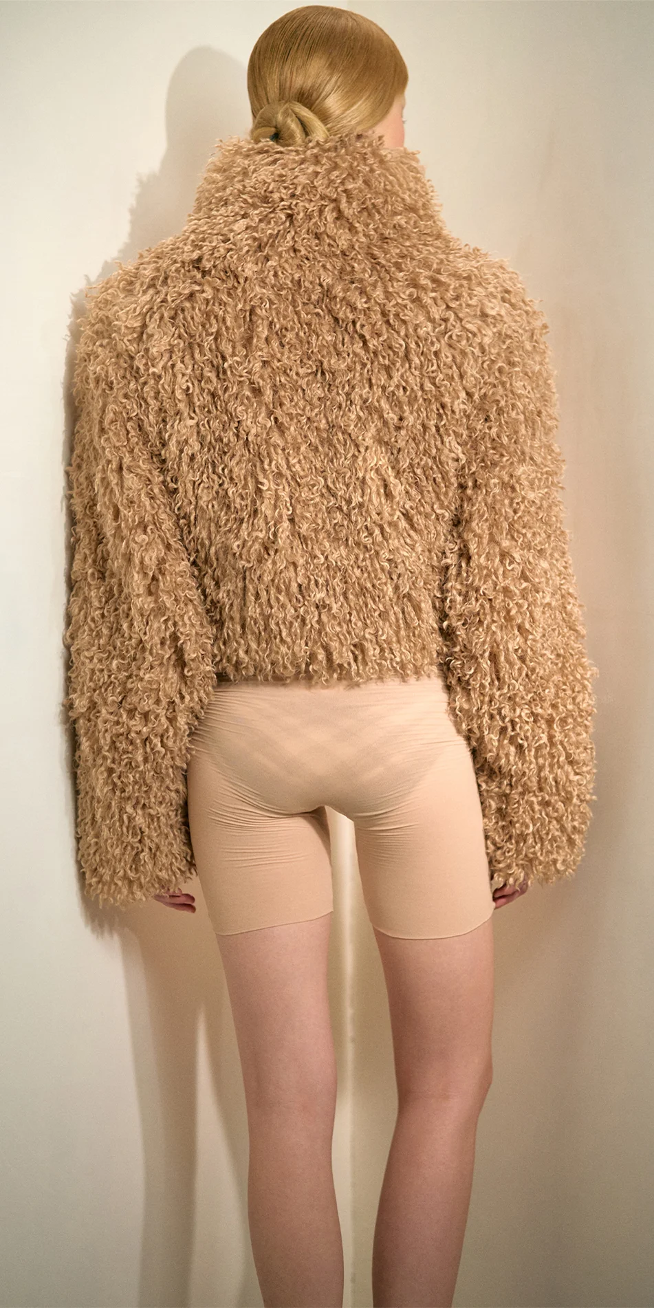 Faux fur jacket nude back view cropped 1
