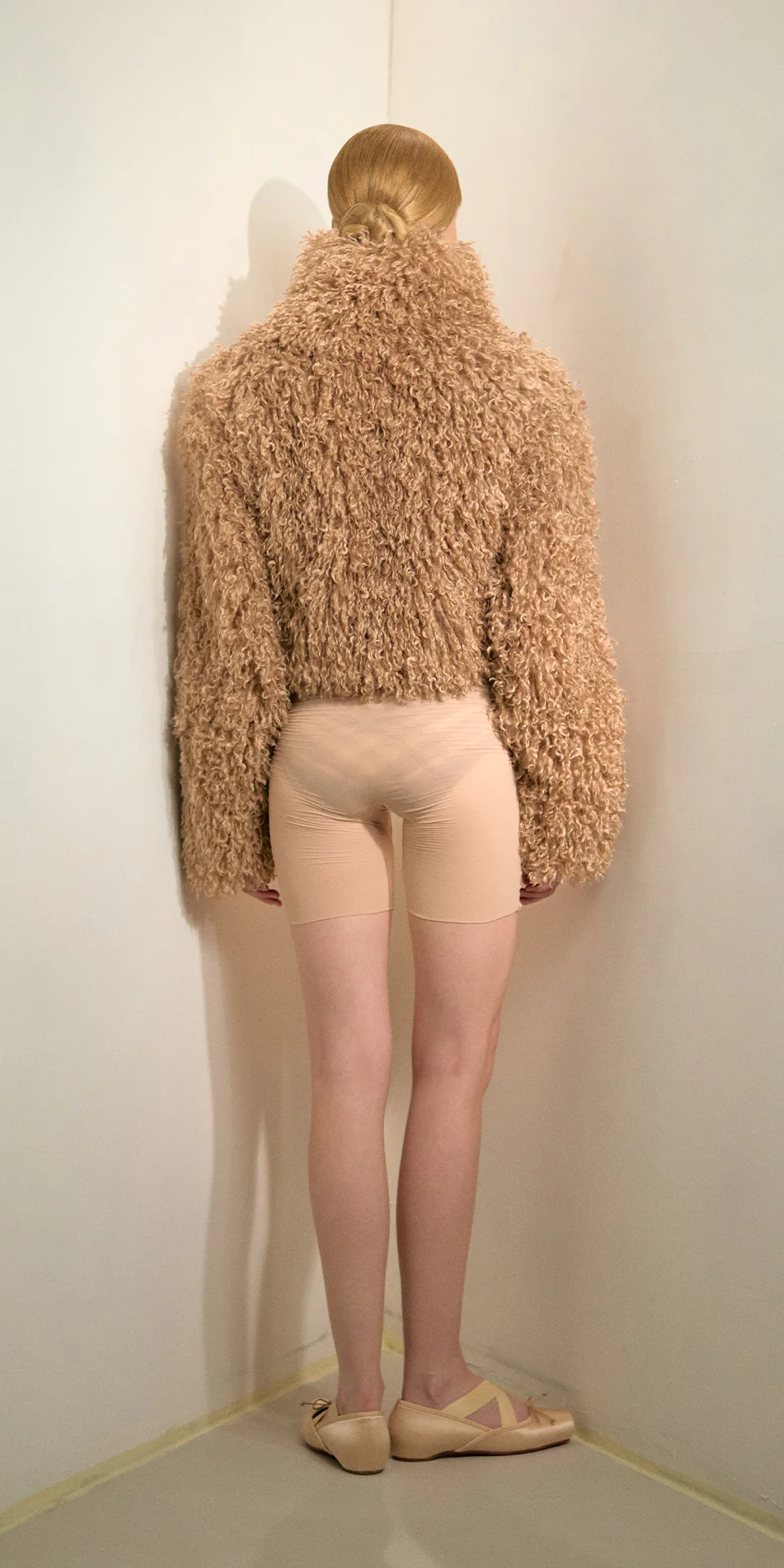 Faux fur jacket nude back view