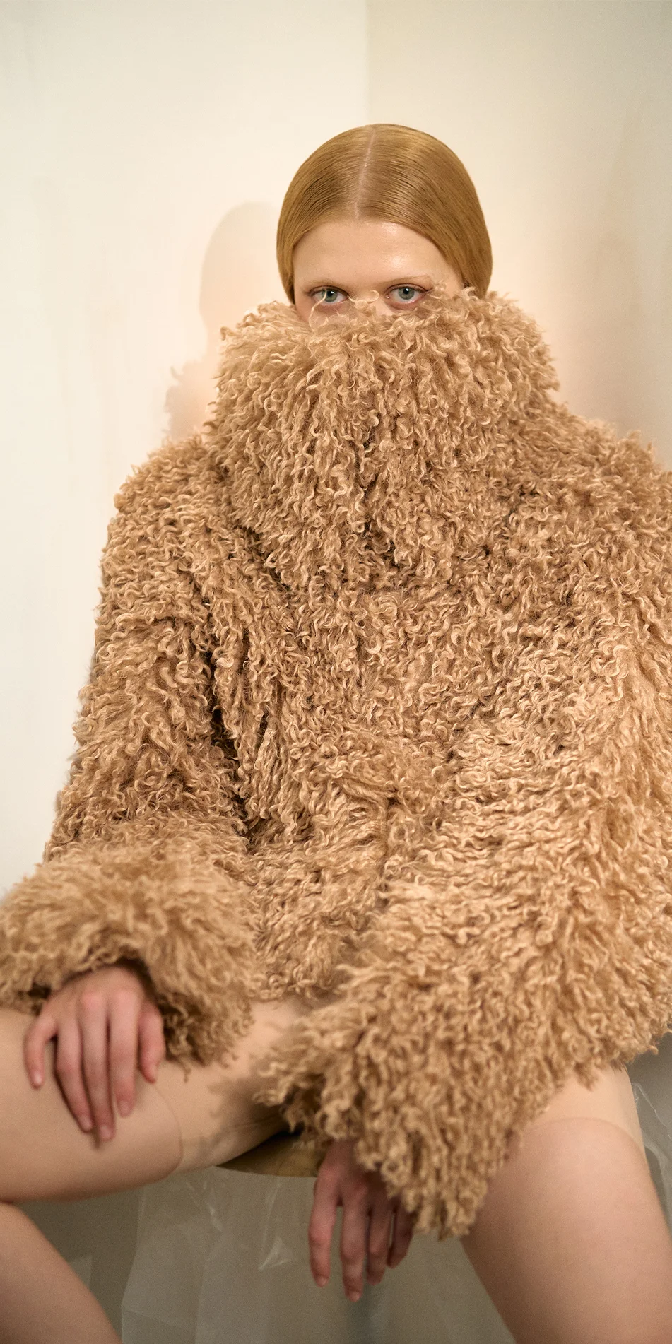 Faux fur jacket nude front close up