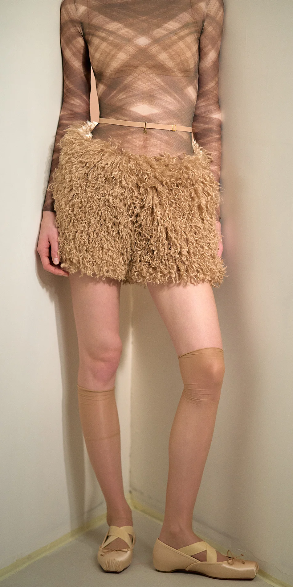 Faux fur shorts nude front cropped