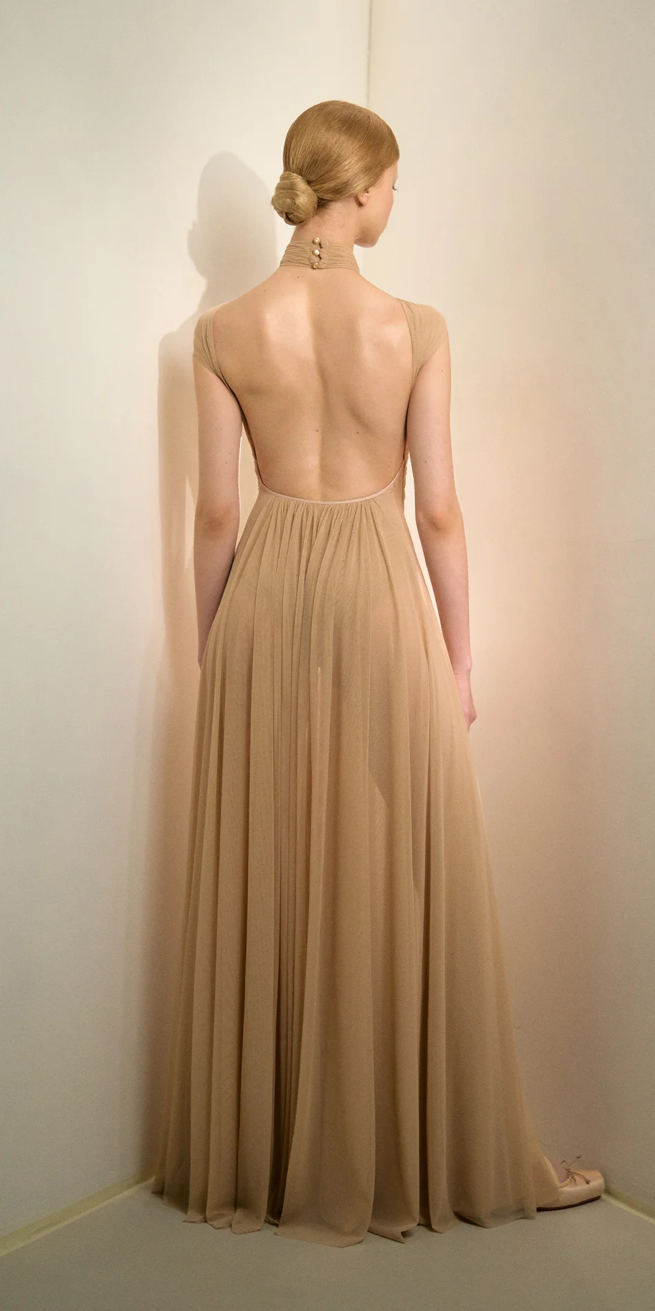 Knotted halter maxi dress in light beige back view
