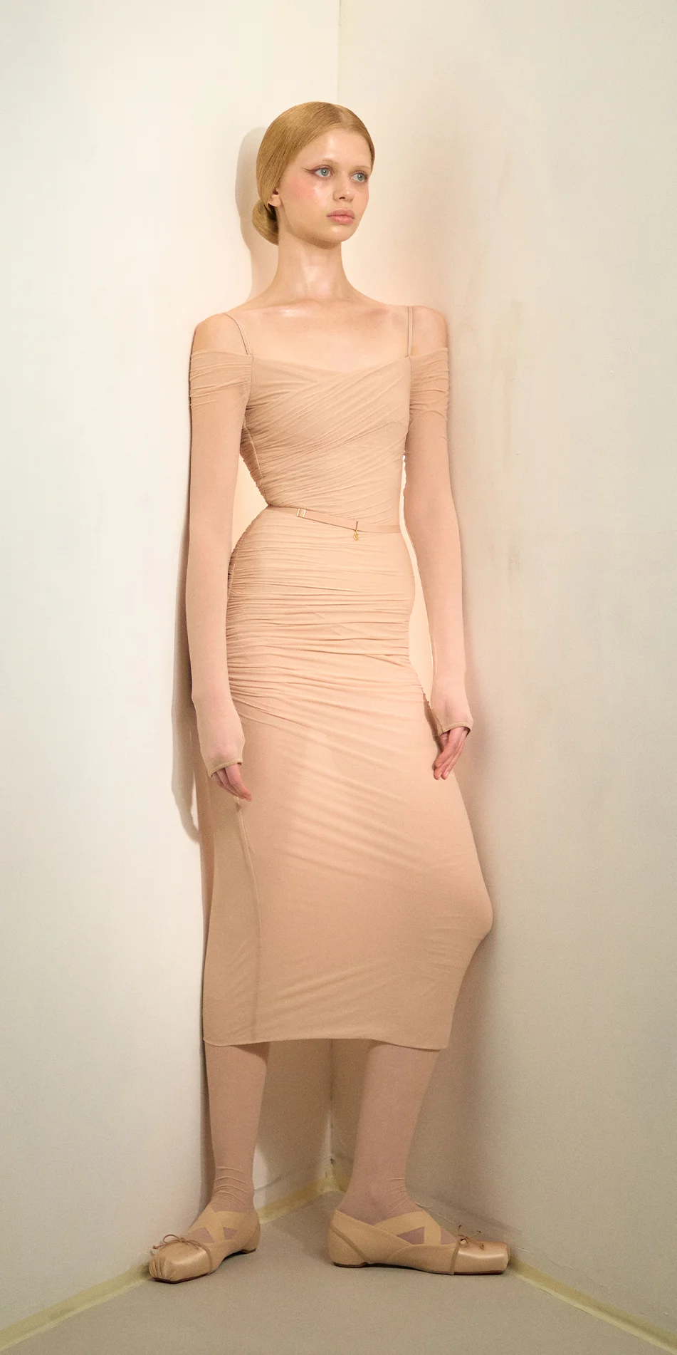 Sheer bodycon midi dress in light beige front view posing on