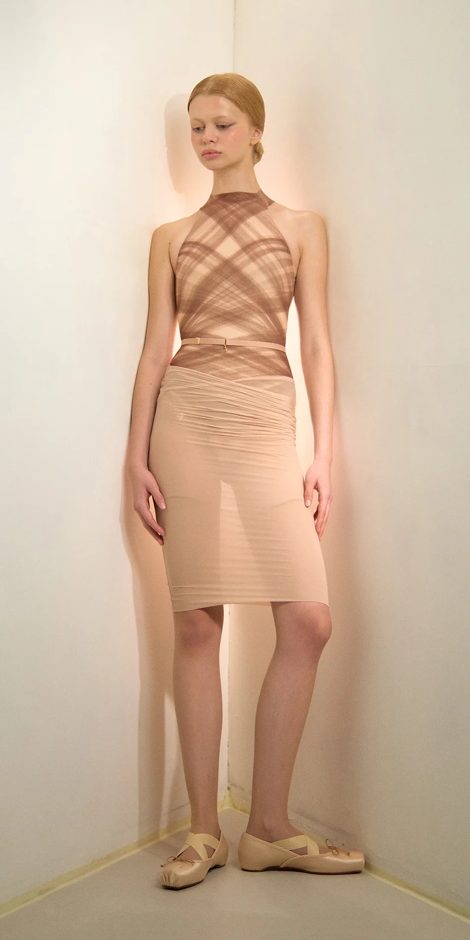 Sheer pencil skirt in light beige front look down on