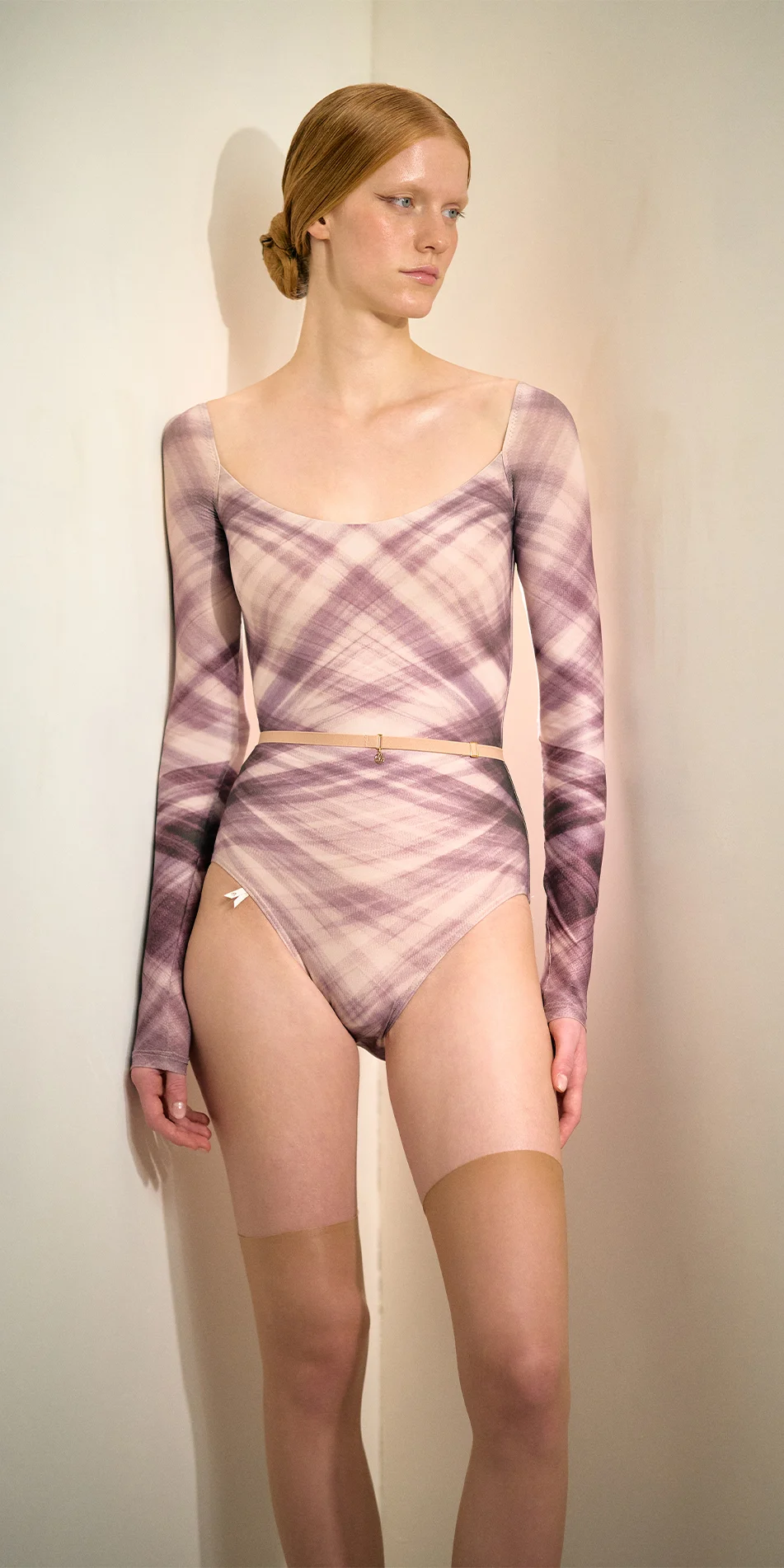 Squareneck leotard in indigo tulle print front look side on