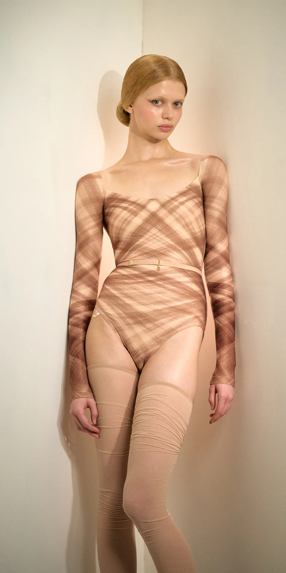 Squareneck leotard in mocha brown tulle print front view on