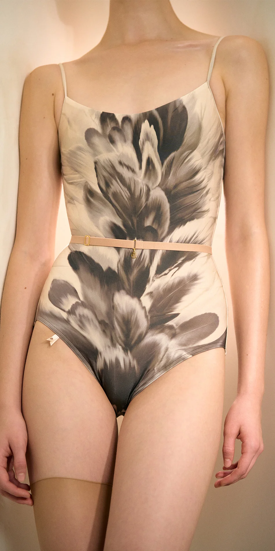 Swan print camisole leotard in black & white medium torso shot cropped