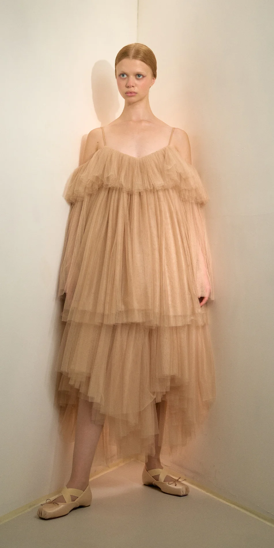 Tulle babydoll dress angel sleeves in light beige front view on