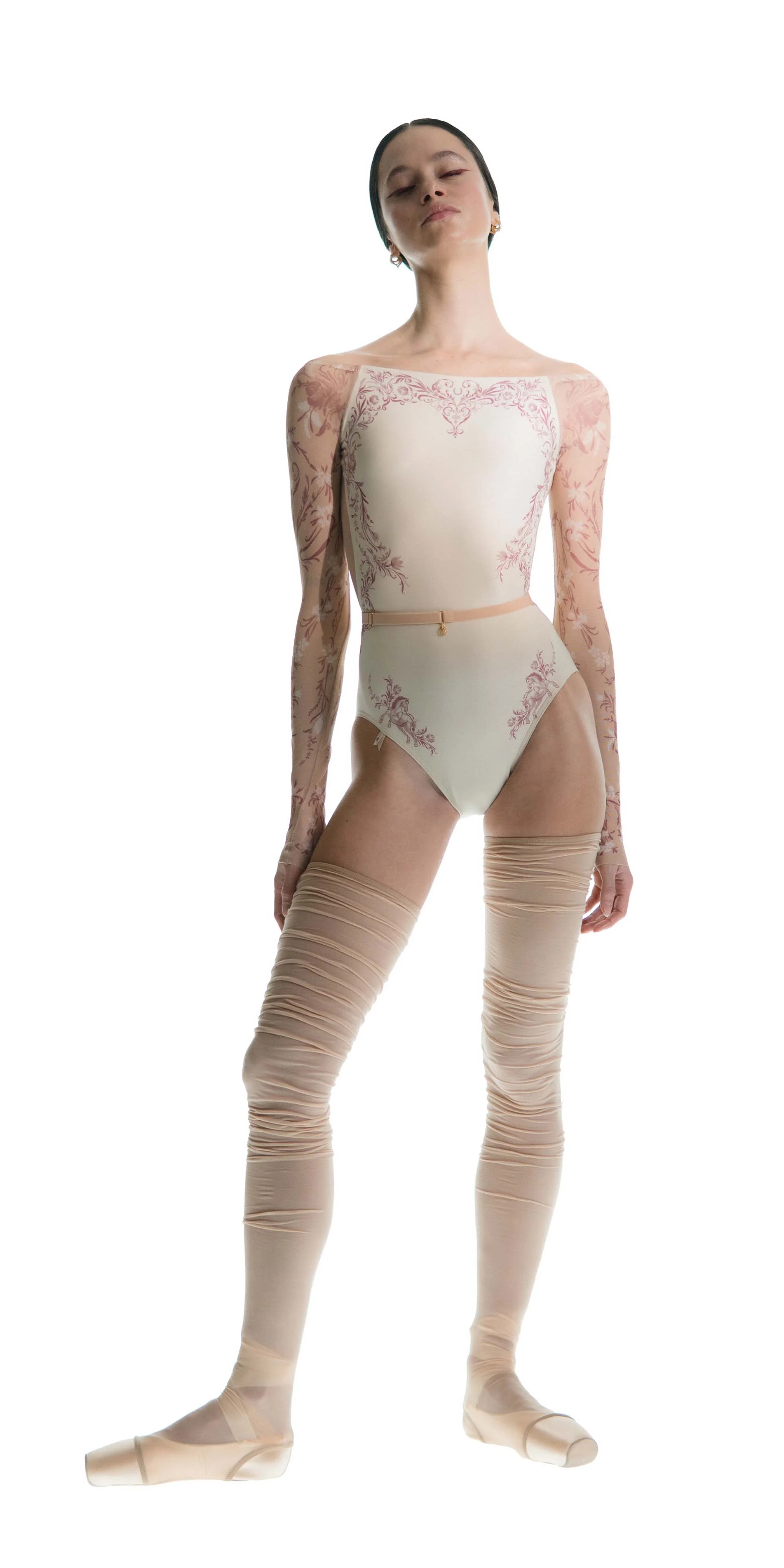 Boatneck leotard in porcelain print long sleeve burgundy front head lifted