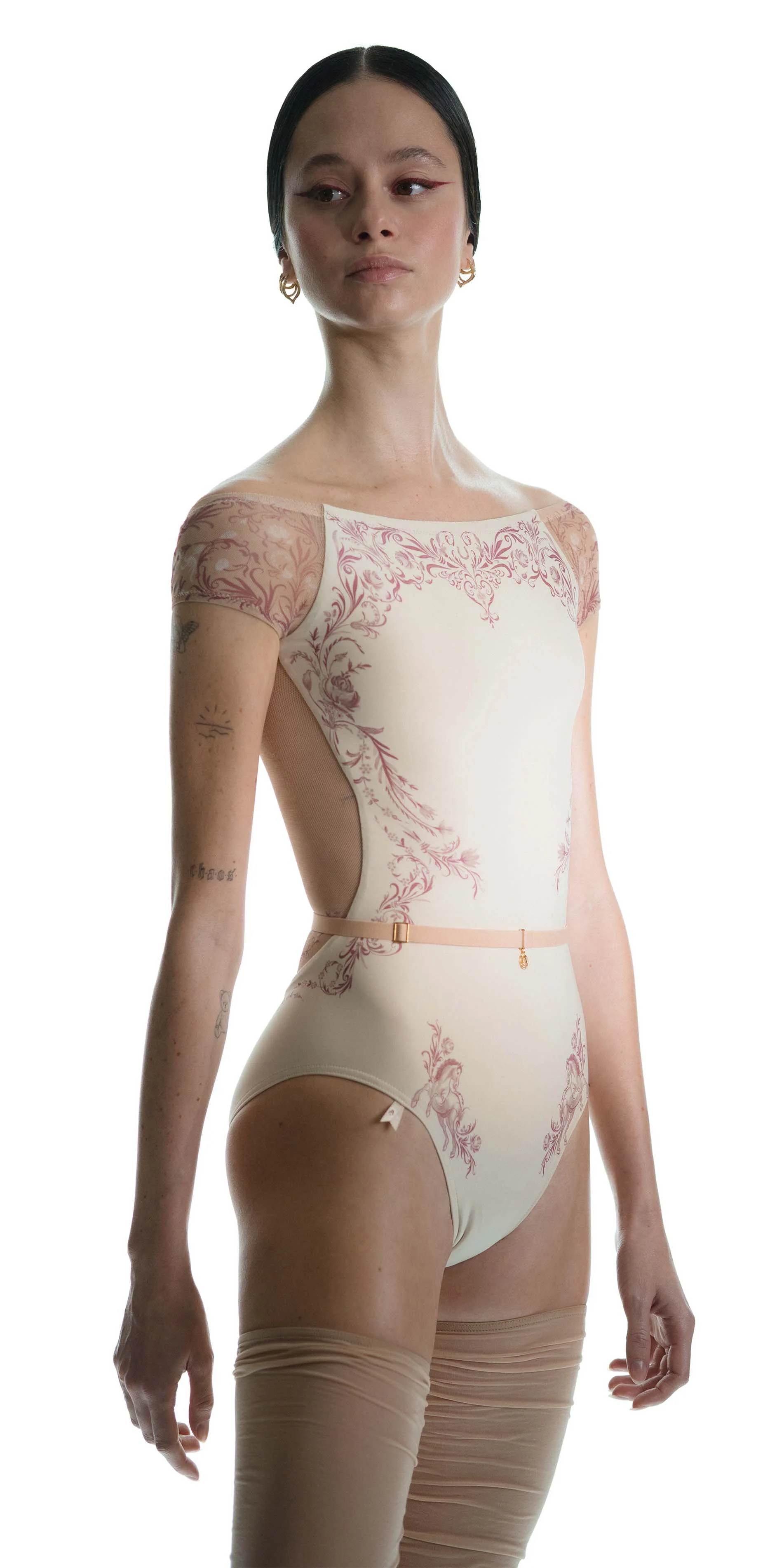 Boatneck leotard in porcelain print short sleeve burgundy front cropped