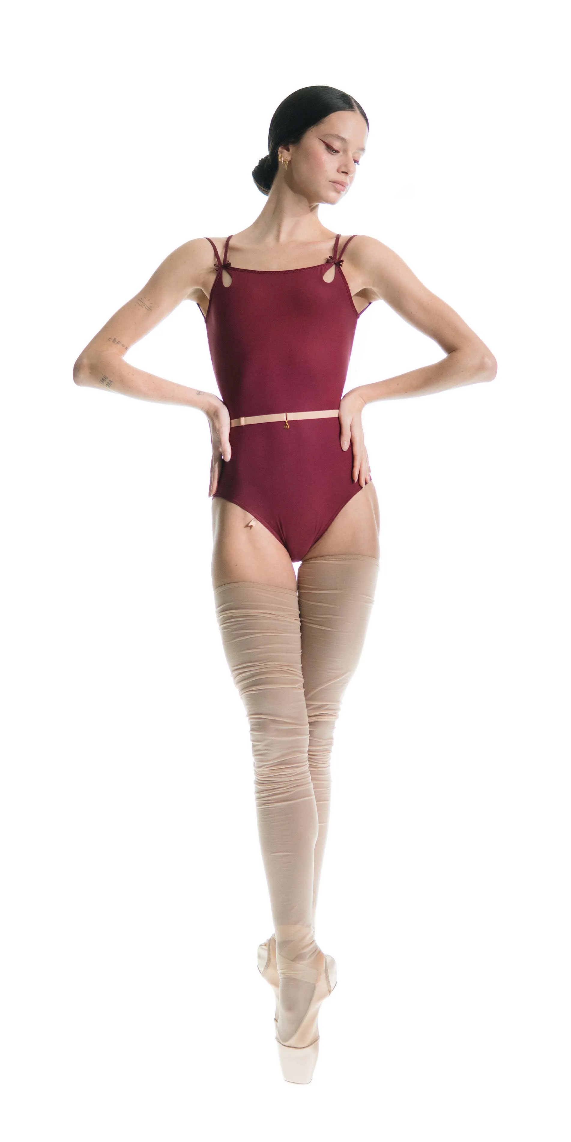 Classic cross back leotard in burgundy front posing