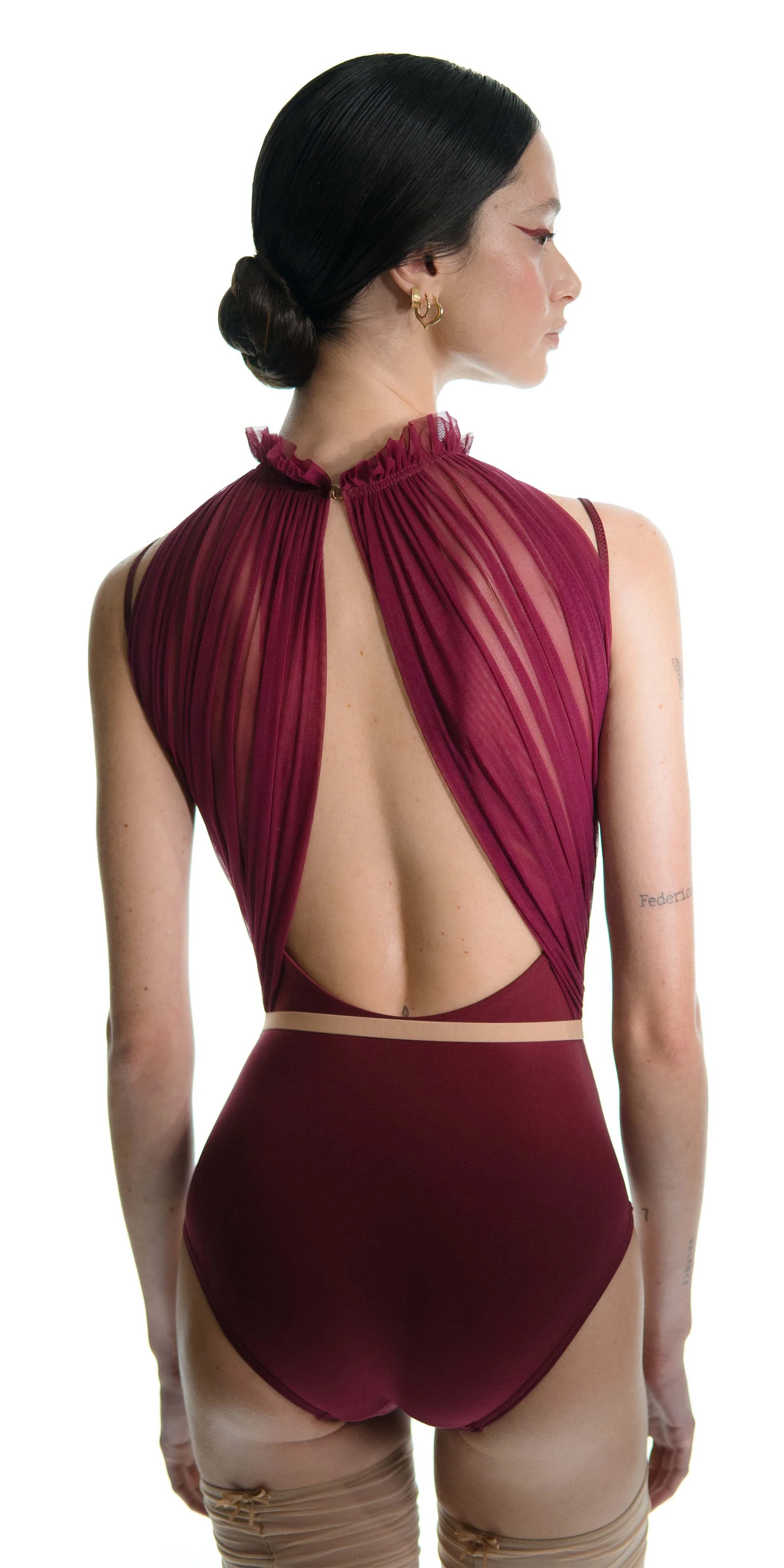 Draped mockneck leotard in burgundy back cropped