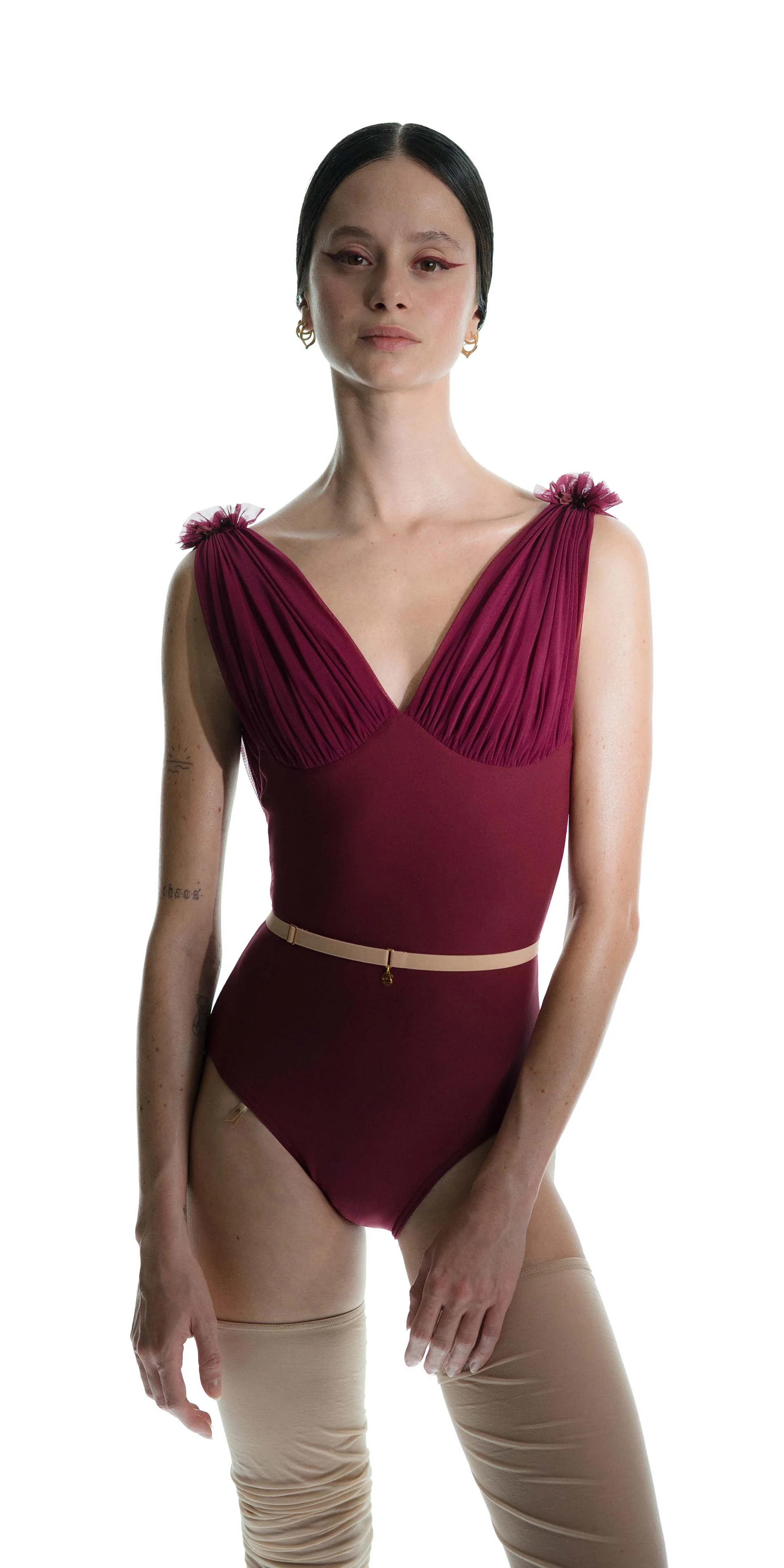 Draped split neck leotard in burgundy front cropped